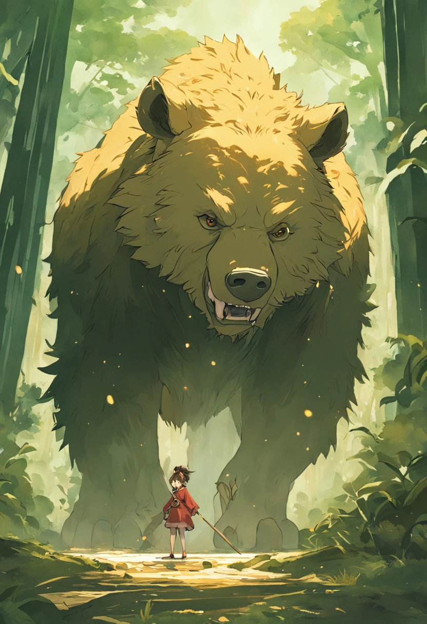 This is a surreal 32K China、Portrait of the mythical beast wild bear,Capture every pore and texture with delicate texture and form,A huge wild boar with golden stripe,Contrast with the surrounding landscape,((Super massive)),green color,In the background are the sky,huge tusks,Unreal Engine5,Dreamy scenes,Shocking。