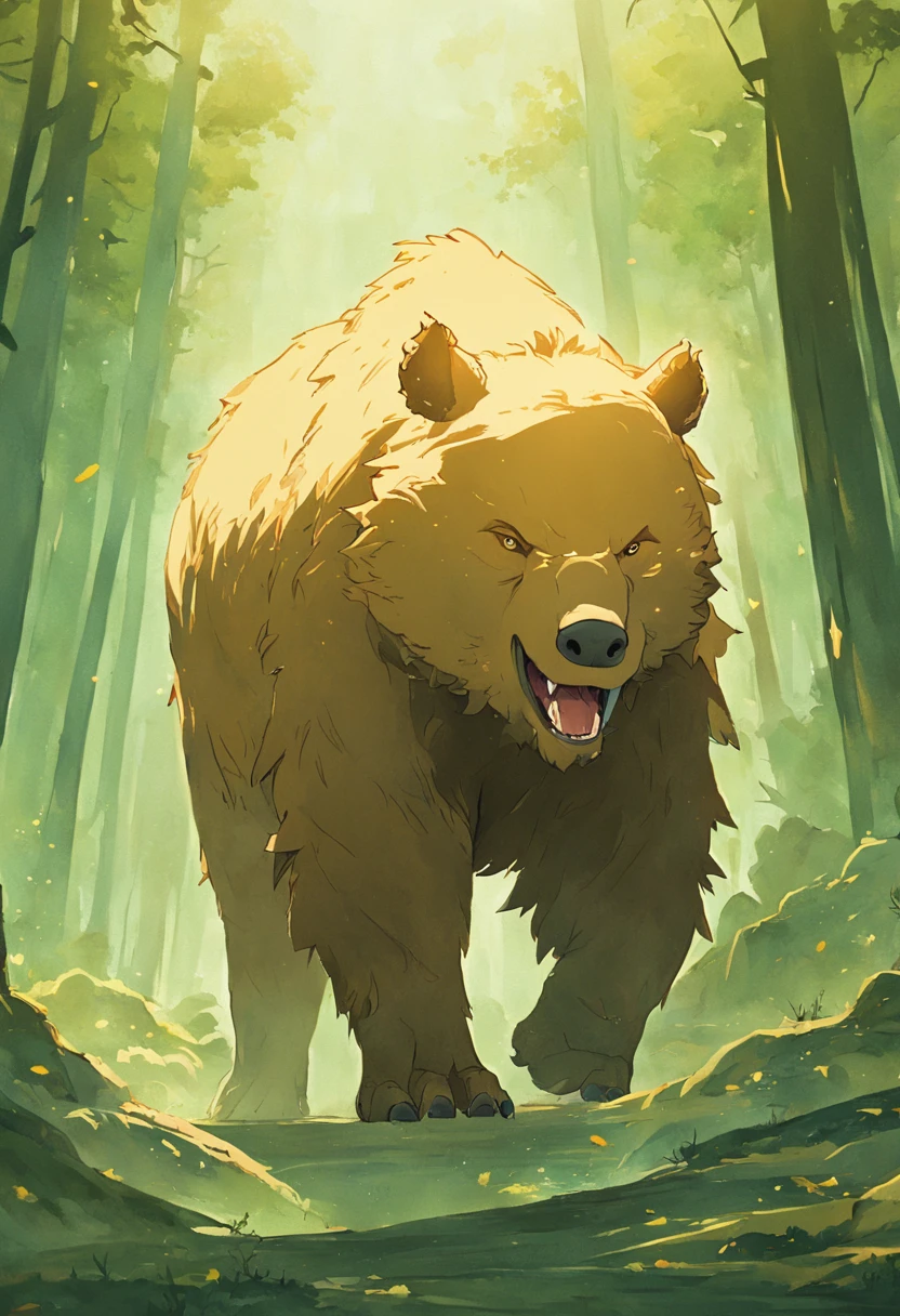 This is a surreal 32K China、Portrait of the mythical beast wild bear,Capture every pore and texture with delicate texture and form,A huge wild boar with golden stripe,Contrast with the surrounding landscape,((Super massive)),green color,In the background are the sky,huge tusks,Unreal Engine5,Dreamy scenes,Shocking。
