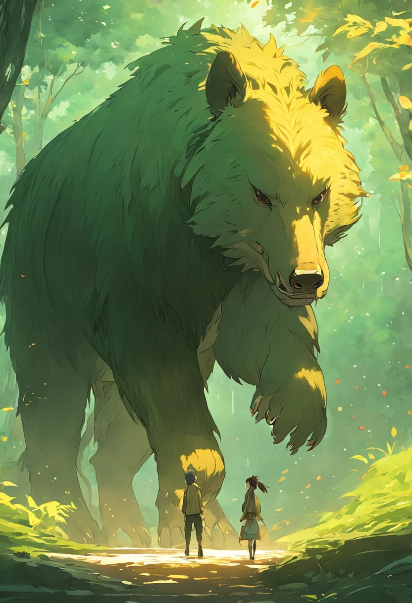 This is a surreal 32K China、Portrait of the mythical beast wild bear,Capture every pore and texture with delicate texture and form,A huge wild boar with golden stripe,Contrast with the surrounding landscape,((Super massive)),green color,In the background are the sky,huge tusks,Unreal Engine5,Dreamy scenes,Shocking。