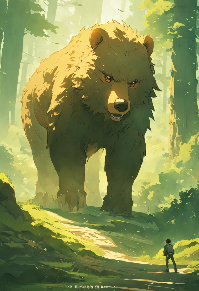This is a surreal 32K China、Portrait of the mythical beast wild bear,Capture every pore and texture with delicate texture and form,A huge wild boar with golden stripe,Contrast with the surrounding landscape,((Super massive)),green color,In the background are the sky,huge tusks,Unreal Engine5,Dreamy scenes,Shocking。
