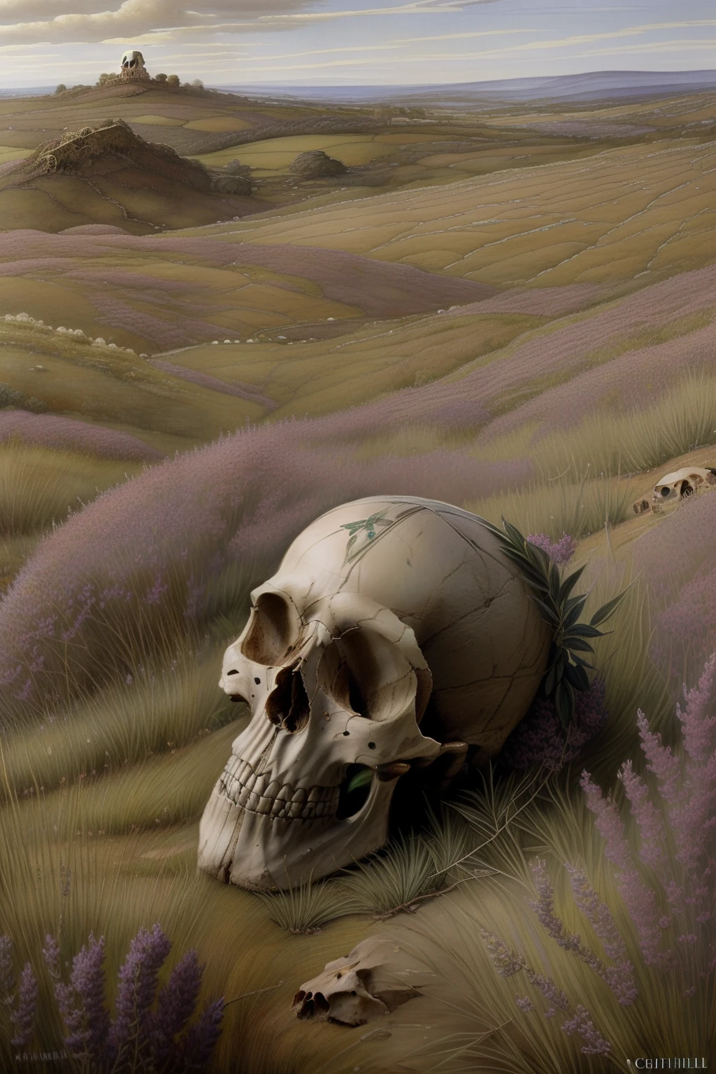 (((Pre-Raphaelite painting of an ancient skull covered in heather on a Celtic hill)))