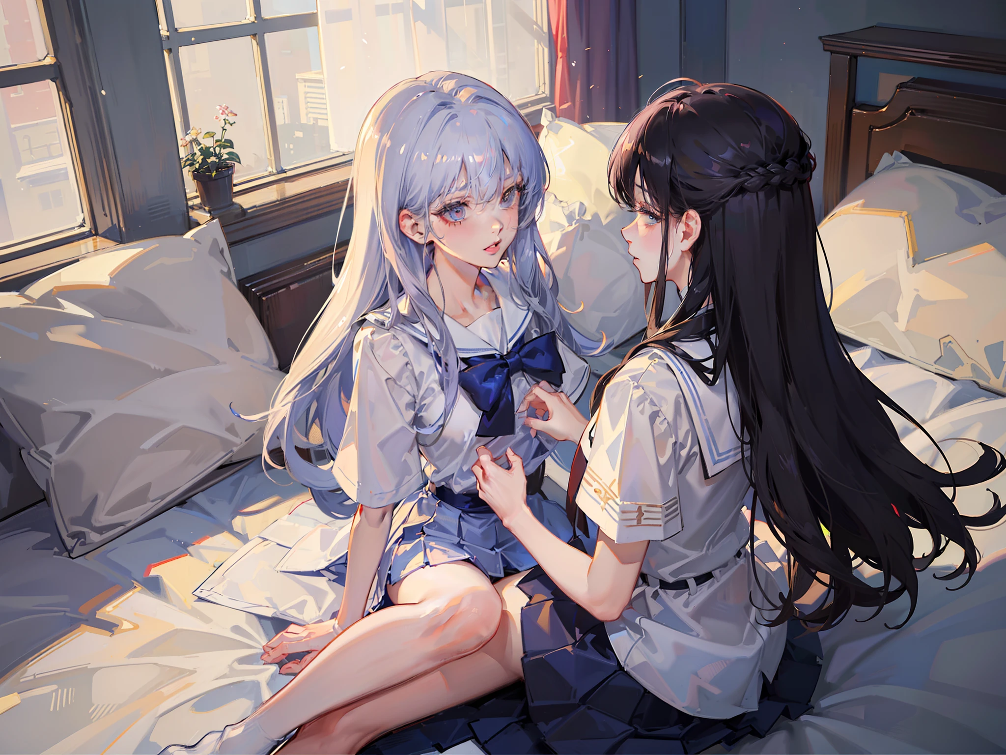 ((top-quality、8K、Manhwa Style:1.4、tmasterpiece，Double，2P，onbed，Pubic hair shows through，full bodyesbian，))、back Lighting、Superskirt、JK school uniform、Beautiful Japanese woman、18yr old、white stockings、with short white hair、Ultra-delicate skin、Beautiful production