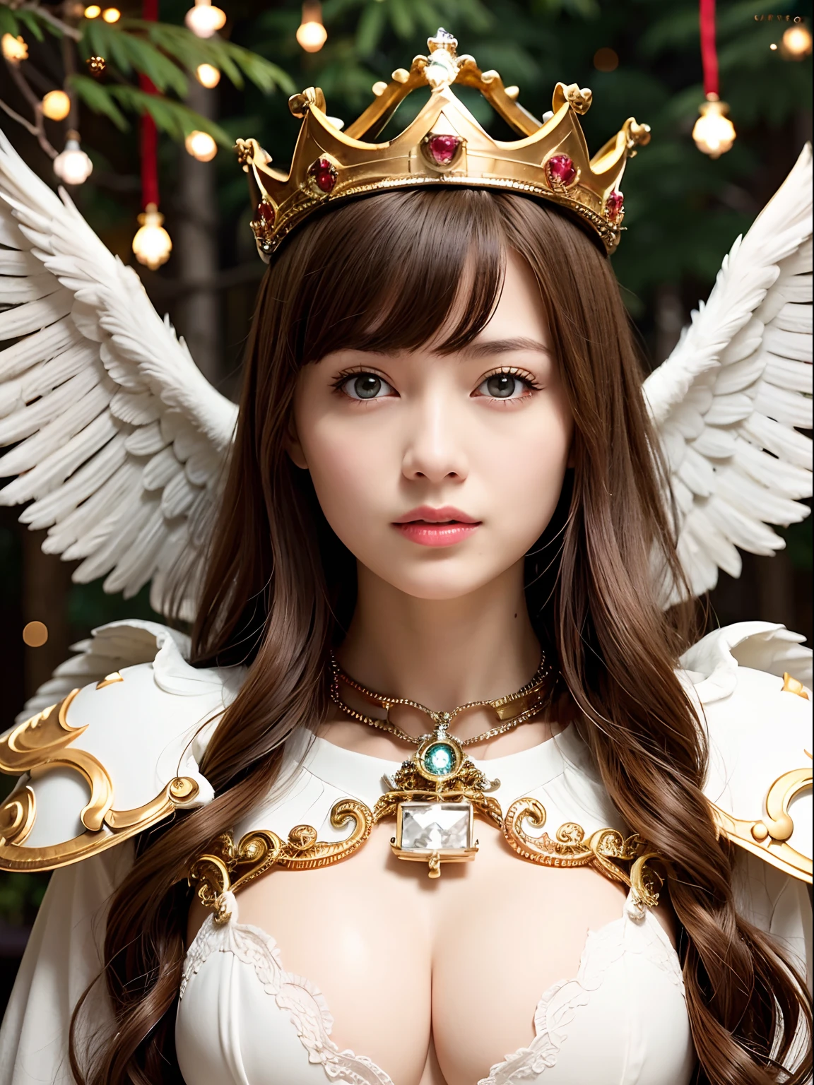(masutepiece), Professional , masterpiece、top-quality、photos realistic , depth of fields 、(Wind element),tornado,Lightning,(Gemstone Silver Metal Body:1.9),(Matte White、(Gangle's forest background),(Brown hair long straight)、((Jewel Gold Weapon))、(Castle background),Gorgeous metal weapons,(Detailed and realistic angel white wings) , Detailed Sword of the Brave , Beautiful knife 、delicated face、20 years girl ,warhammer 40k , adepta sororitas,Detail and ornate jewel crown、a blond、()、Beautiful Caucasian beauty、1a person、dynamic ungle,(((Detailed and ornate diamond crown)))、Smaller head、A smile、Powerful poses、Beautiful thin fingers of a woman、cleavage of the breast、