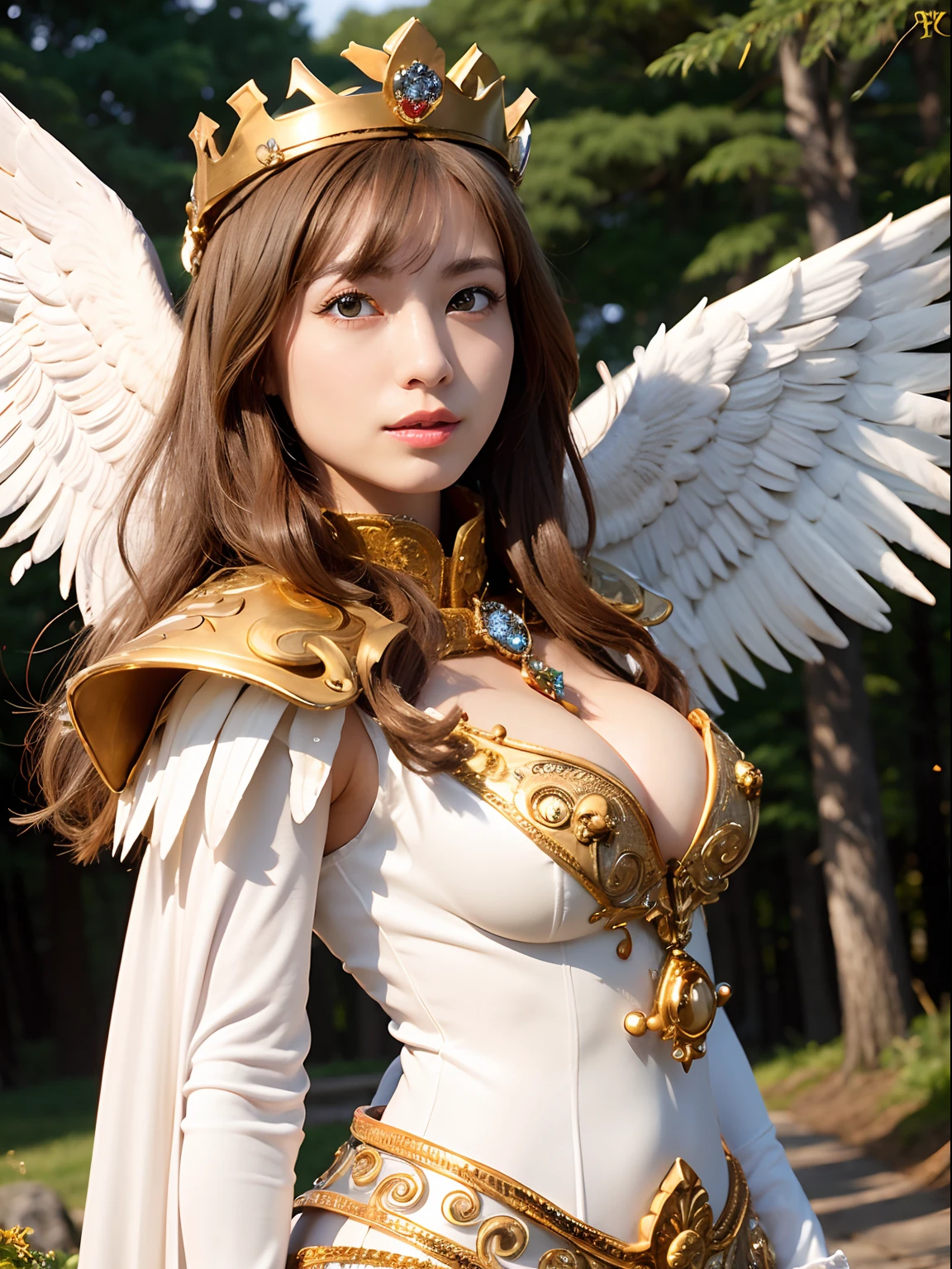 (masutepiece), Professional , masterpiece、top-quality、photos realistic , depth of fields 、(Wind element),tornado,Lightning,(Gemstone Silver Metal Body:1.9),(Matte White、(Gangle's forest background),(Brown hair long straight)、((Jewel Gold Weapon))、(Castle background),Gorgeous metal weapons,(Detailed and realistic angel white wings) , Detailed Sword of the Brave , Beautiful knife 、delicated face、20 years girl ,warhammer 40k , adepta sororitas,Detail and ornate jewel crown、a blond、()、Beautiful Caucasian beauty、1a person、dynamic ungle,(((Detailed and ornate diamond crown)))、Smaller head、A smile、Powerful poses、Beautiful thin fingers of a woman、cleavage of the breast、