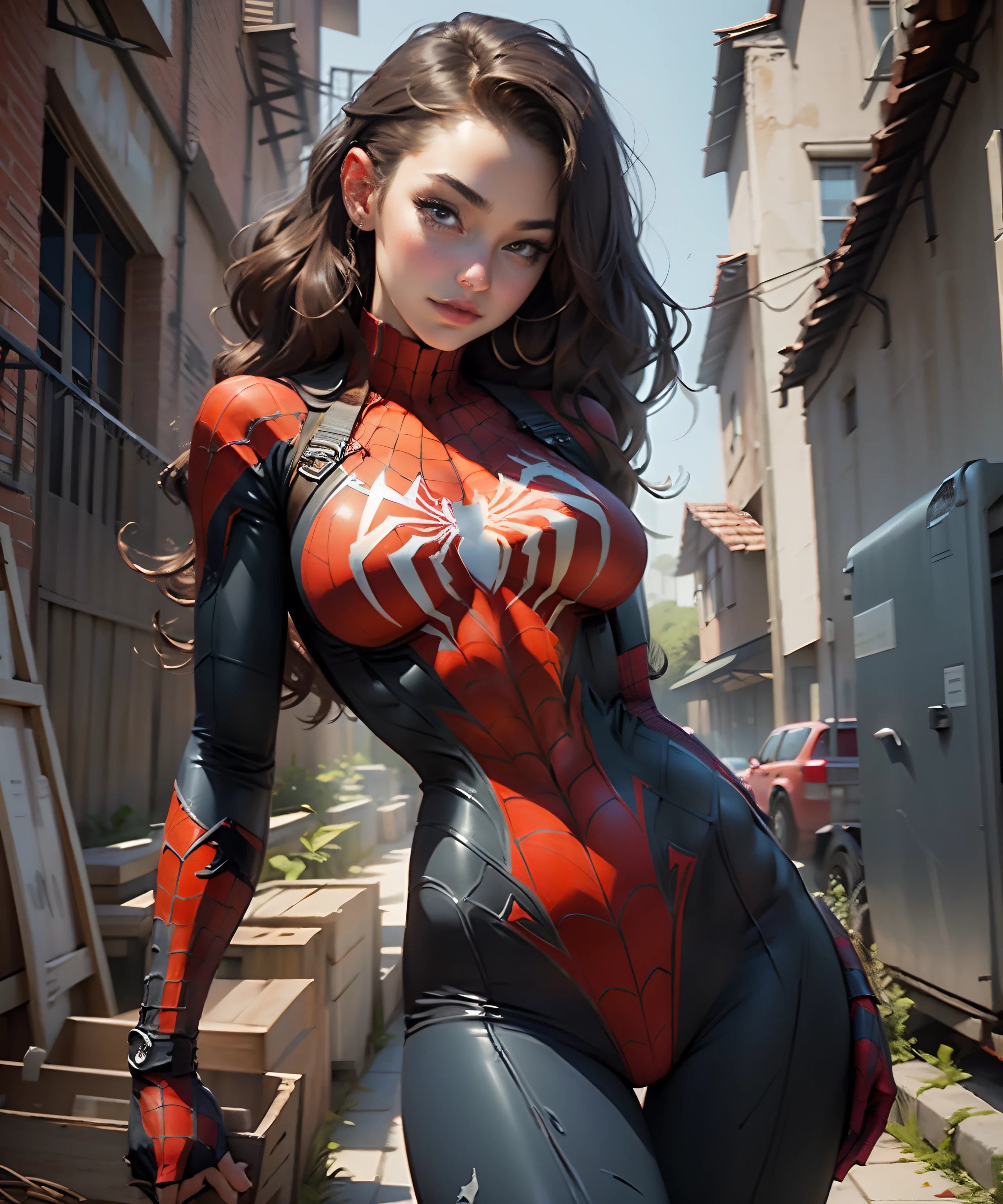 (masterpiece),(best quality),(beautiful woman in spiderman cosplay with small breasts),detailed description,high resolution,dynamic angle,dynamic pose,black and red suit, blue eyes,red lipstick,long hair, indoor setting, (pink underwear+metal accessory)