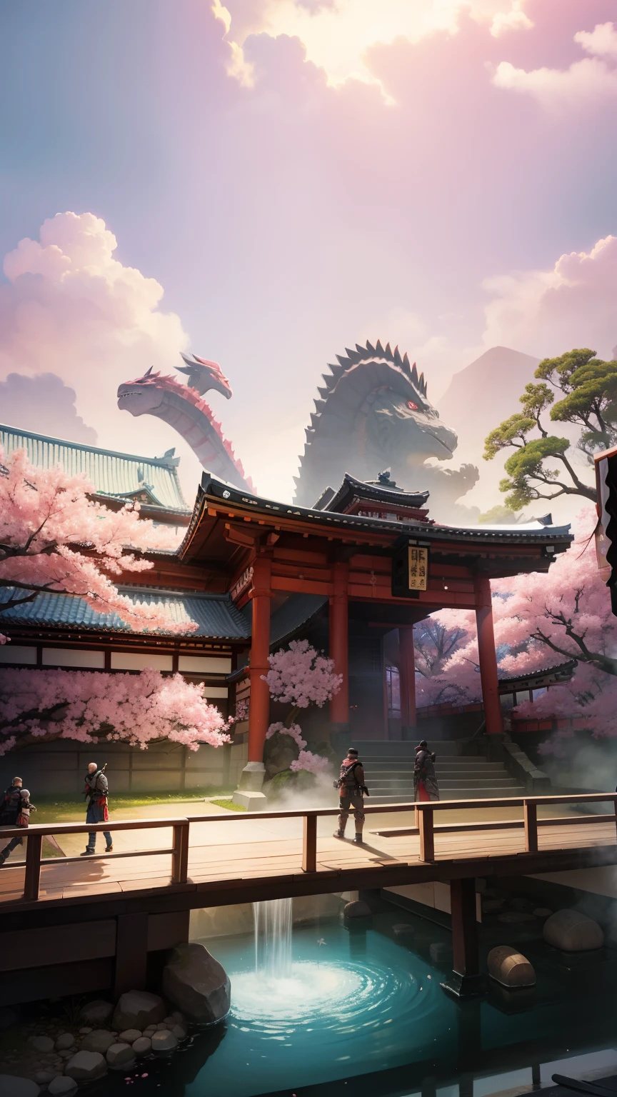 Sakura flowers, ancient Japan, Godzilla, big Monsters, fight, katanas, ninjas,