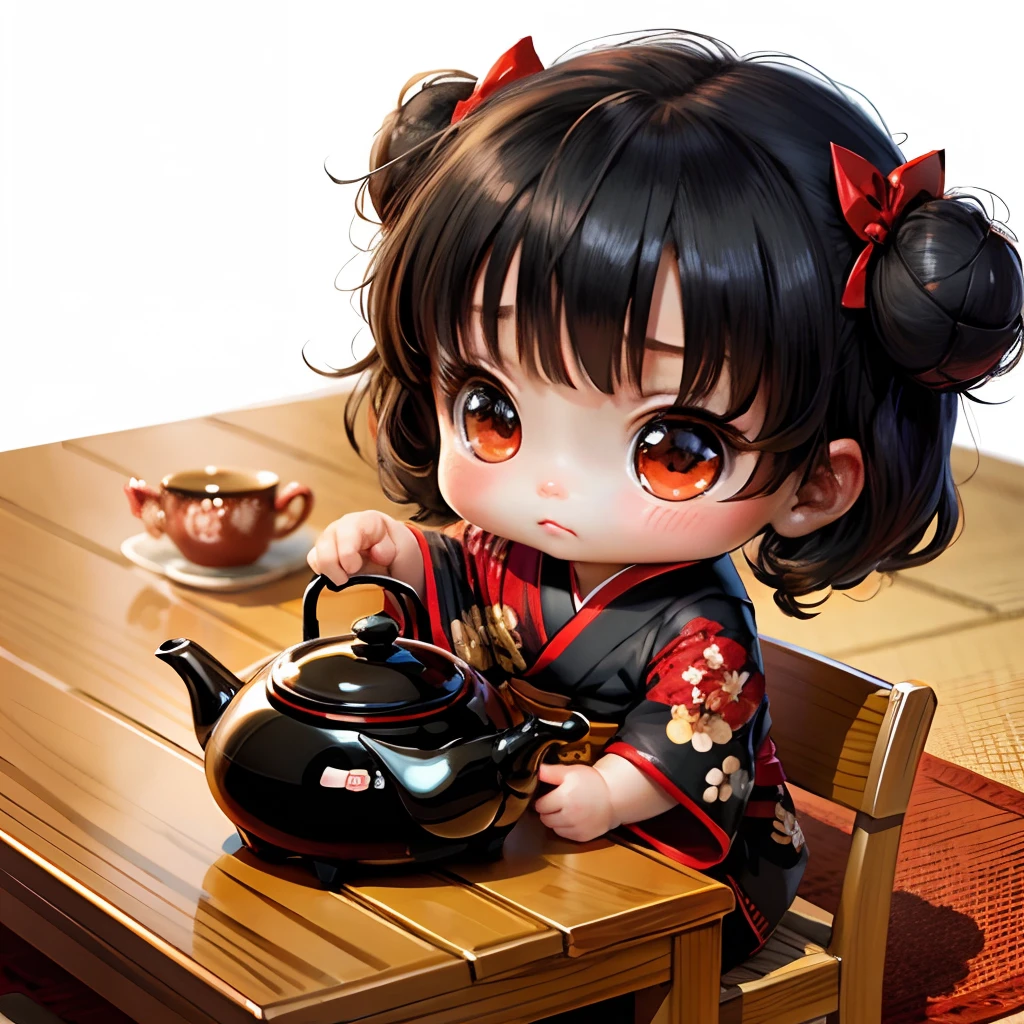 Cute chibi anime, black and red kimono, sit in the teapot thank you note