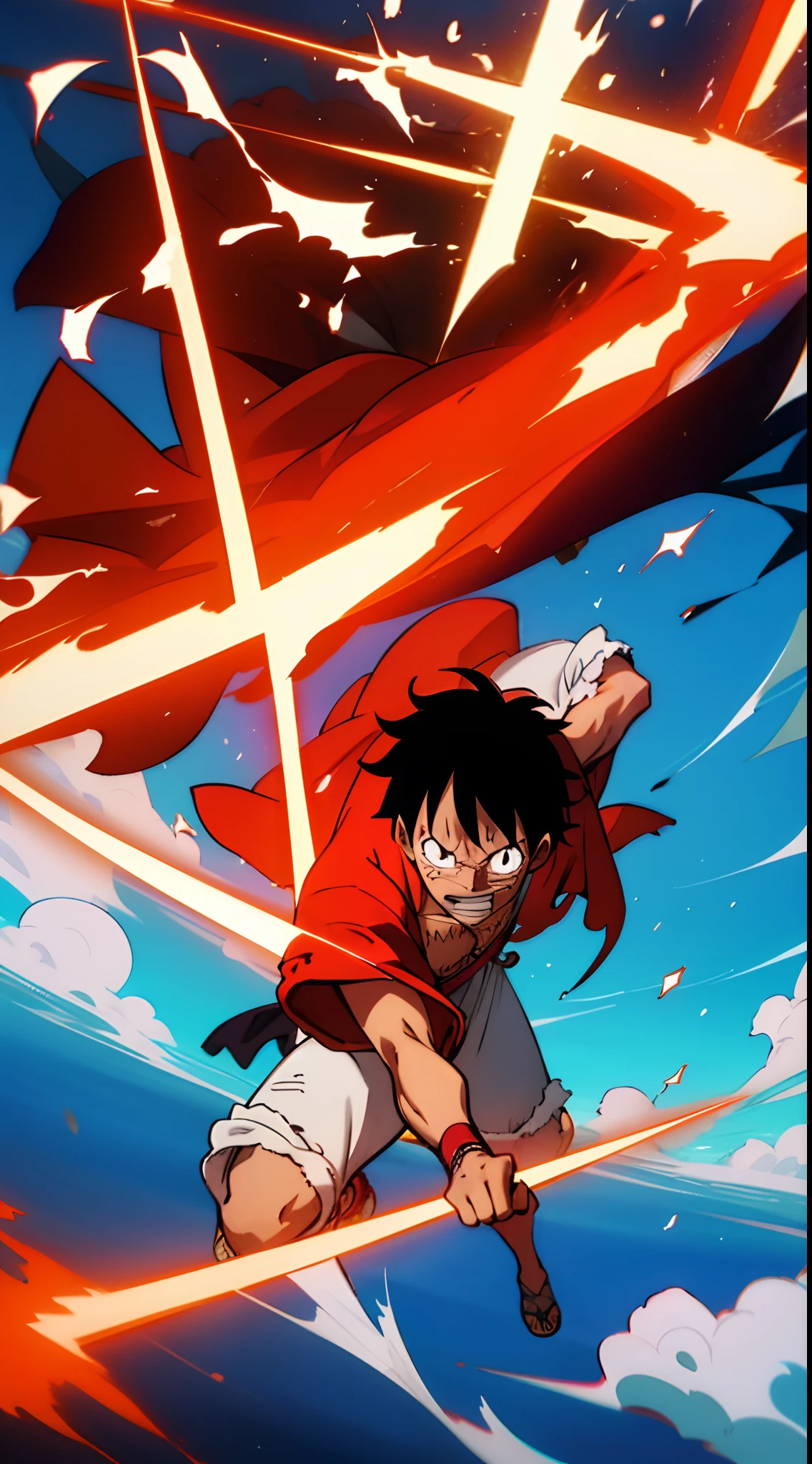 Luffy In a Thor costume, formidable and majestic, strahlendes Licht, beeindruckende Haltung und Pose, donnernde Effekte, atemberaubende Kulisse, heroic atmosphere."