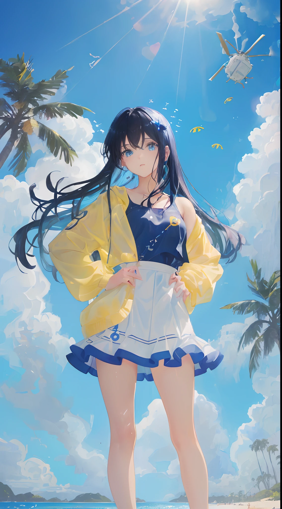 art by Cornflower, dreamy, (A beautiful, aged, anime-style girl with blue eyes and long, black hair, wearing a pale yellow, shiny, long-sleeved, open-chest, long skirt swimming suit with a pink, white, and yellow, heart on it is posing with her hands on her hips, in front of a beach and a bright, blue sky with clouds in it, there are palm trees in the background on both sides of the picture, and there are lots of blue and yellow fish swimming in the ocean, and there is a police helicopter with lights on it flying over the girl)