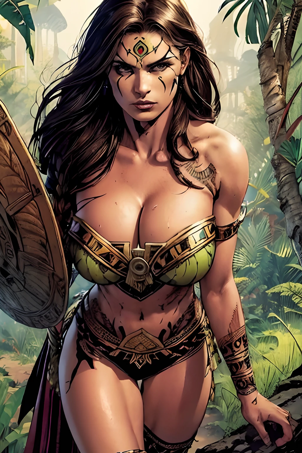 (masterpiece, top quality, best quality, official art, beautiful and aesthetic:1.2), (1girl:1.3), dark brown hair pulled back, in an untidy mane, braids, extremely detailed, portrait, looking at viewer, solo, (full body:0.6), detailed background, close up, sweaty, sweating, ((facepaint, tribal tattoos)), (warm summer desert theme:1.1), busty human Aztec war queen, elegant face, long face, charlatan, smirk, mysterious, walking in jungle, revealing Aztec attire, ornate jade Aztec armor, feathers in hair, feathered armor, bare midriff, brown leather, fur lined clothes, long boots, buckles, straps, pouches, maquahuitl and shield, tan fabric, brown leather, (((gigantic breasts, skindentation, cleavage))), muscular, strong, slim waist, slim hips, long legs, muscular legs, medieval (jungle exterior:1.1) background, dark mysterious lighting, shadows, magical atmosphere, dutch angle,