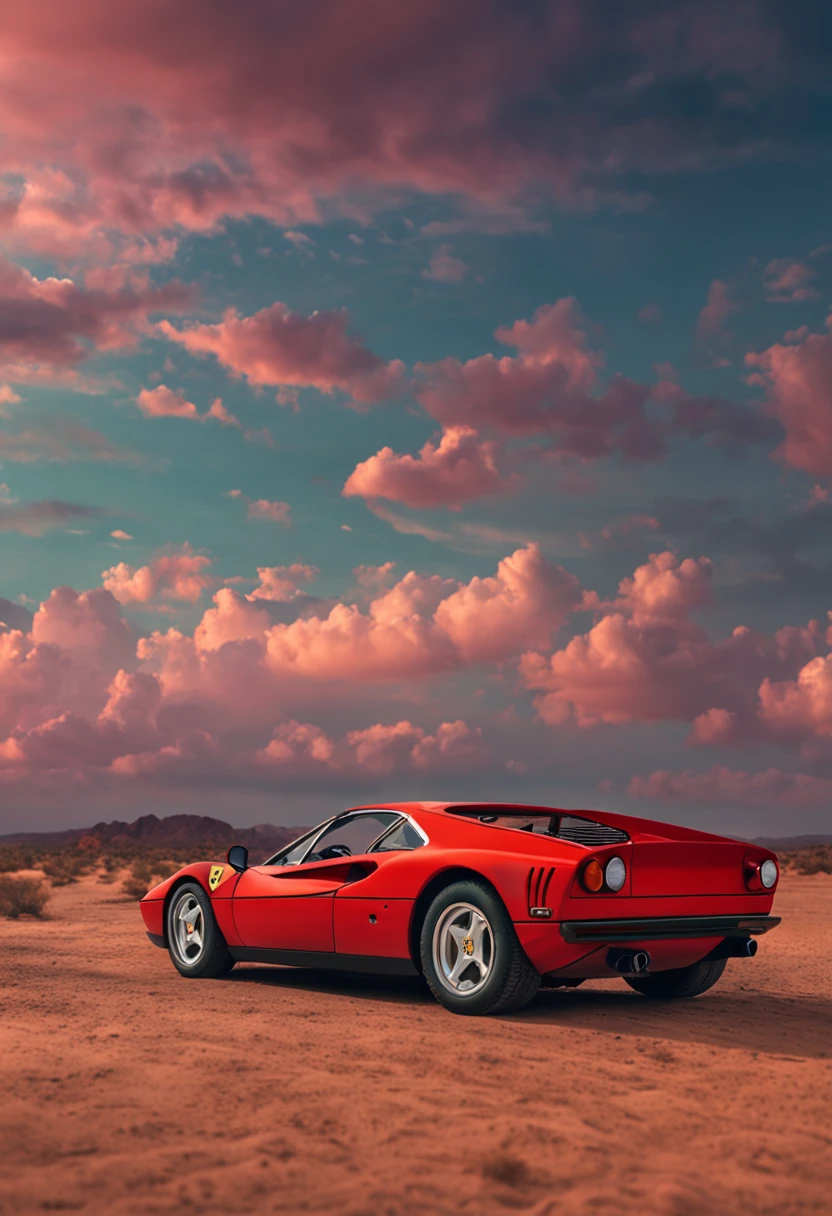 um carro ferrari anos 80 em uma estrada deserta ::n_style drawing, Low quality imperfection, doll, game, anime, texto, assinatura