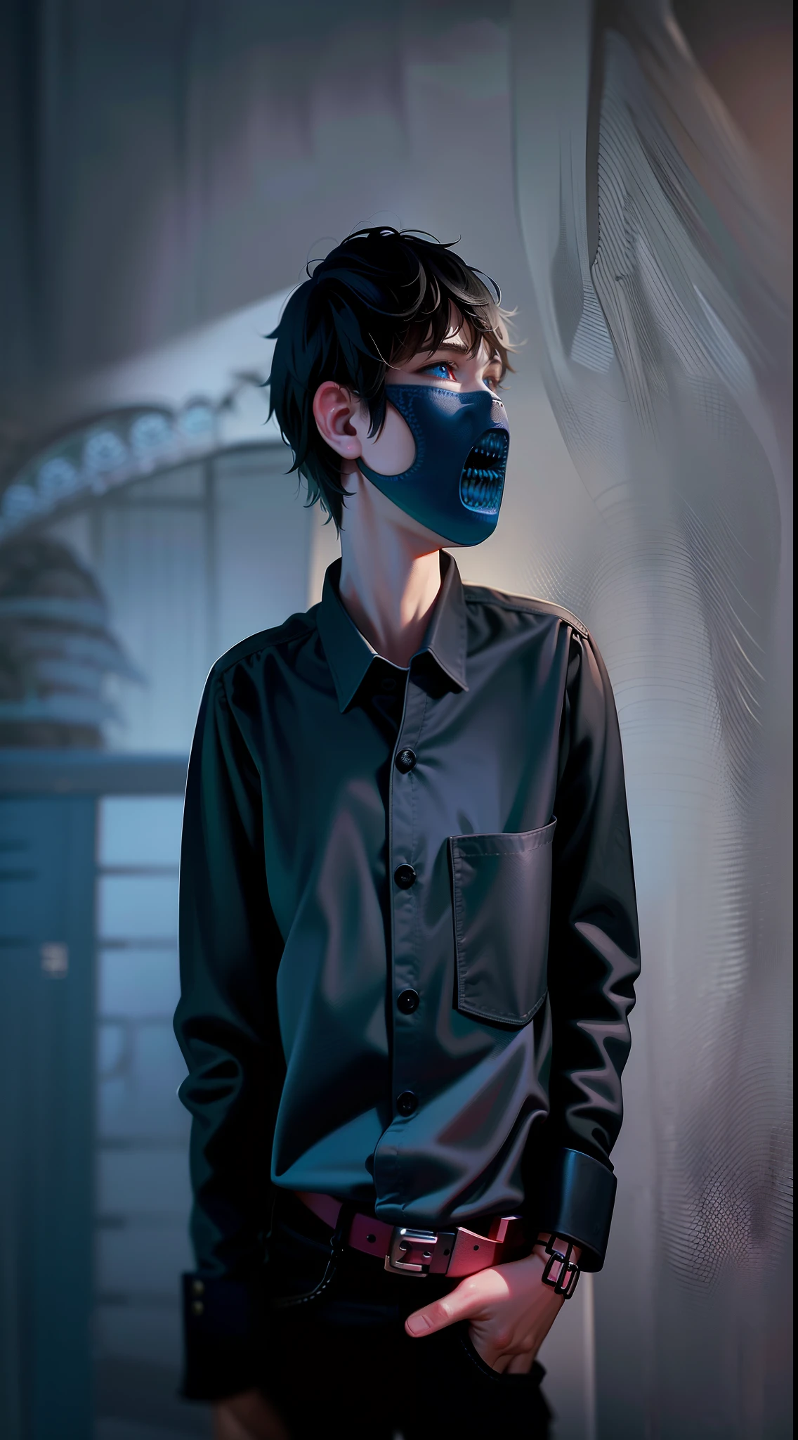 masterpiece, best quality, high quality, 1boy, solo, male focus, looking at viewer, cold light, (prison garb:1.2), (happy:1.1), (blue_eyes:1.2), (Zaffre eyes color:1.1), (mullet:1.2), (black short hair:1.2), (monster pattern clothes:1.5), (prison:1.2)