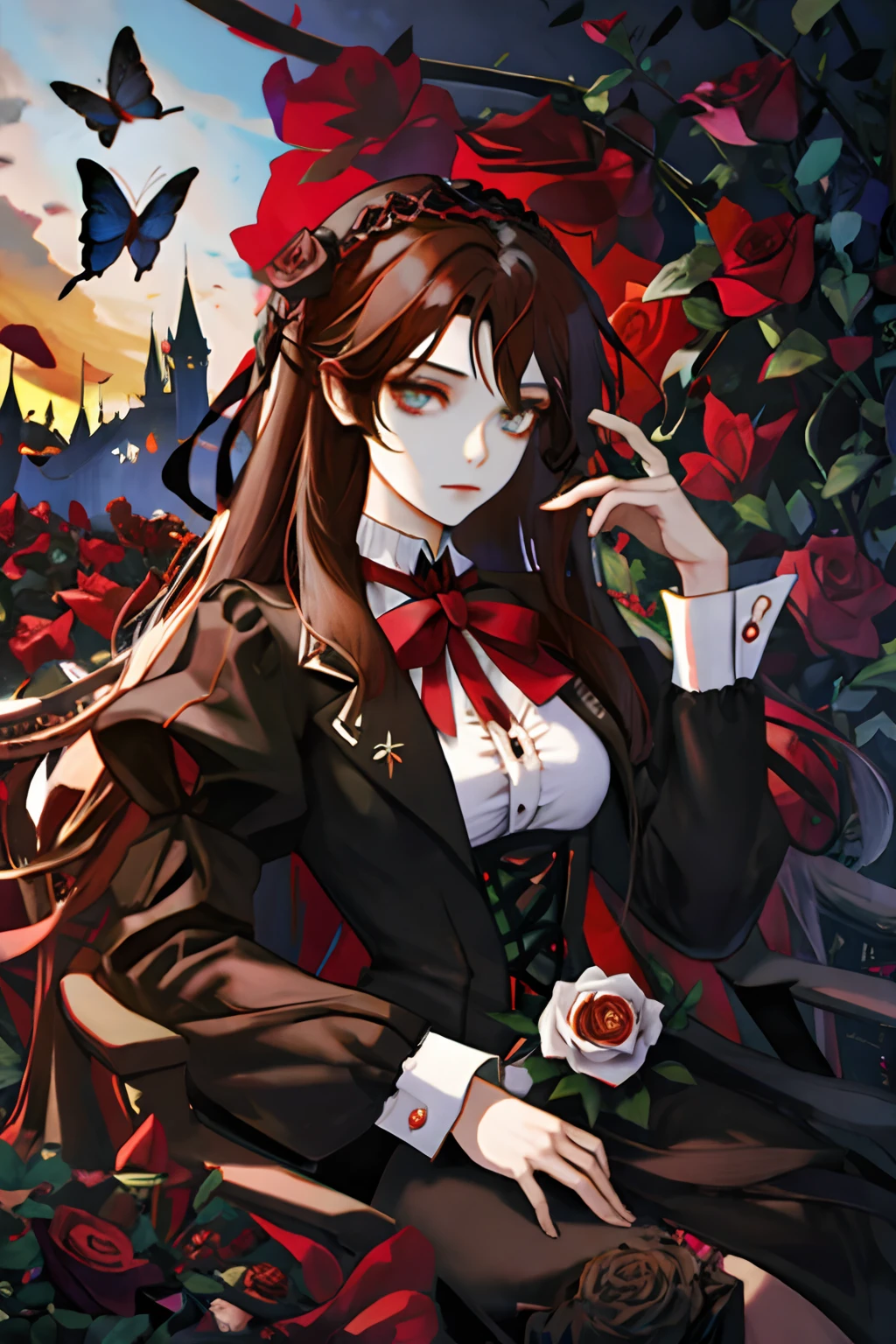 Garden Full of Black Roses, red Butterflies, Fantasy, Castle, High Quality, girl with long brown hair,Victorian Era