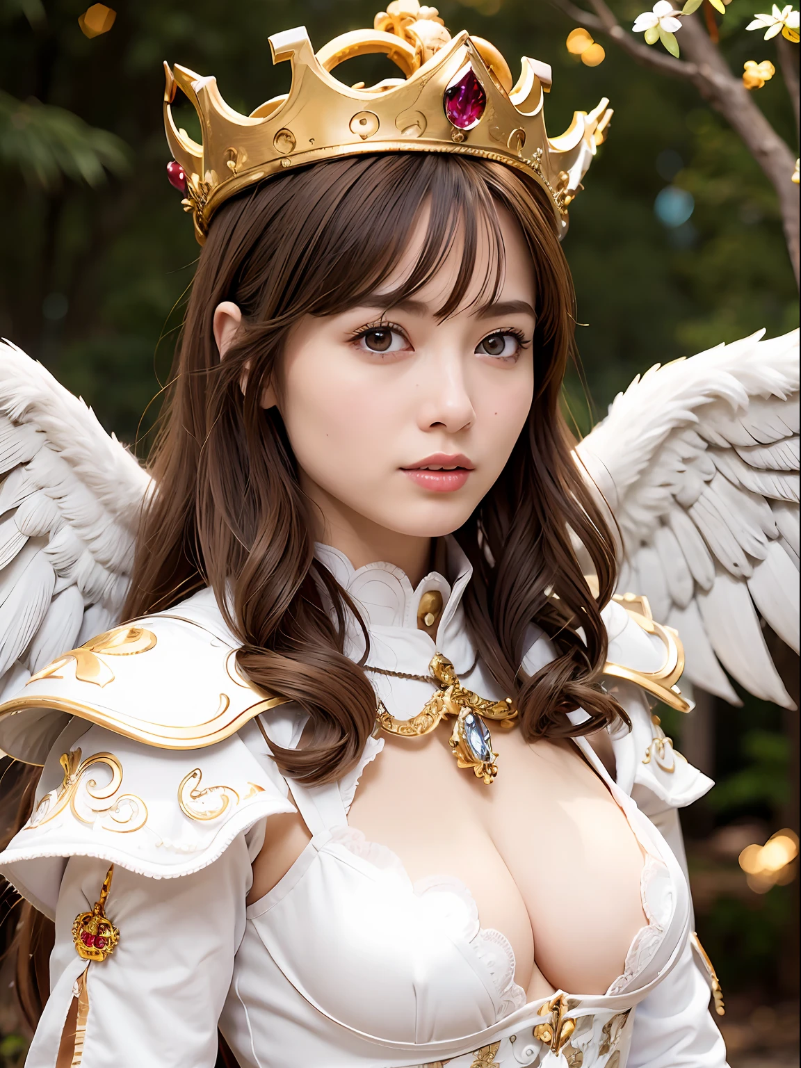 (masutepiece), Professional , masterpiece、top-quality、photos realistic , depth of fields 、(Wind element),tornado,Lightning,(Gemstone Silver Metal Body:1.9),(Matte White、(Gangle's forest background),(Brown hair long straight)、((Jewel Gold Weapon))、(Castle background),Gorgeous metal weapons,(Detailed and realistic angel white wings) , Detailed Sword of the Brave , Beautiful knife 、delicated face、20 years girl ,warhammer 40k , adepta sororitas,Detail and ornate jewel crown、a blond、()、Beautiful Caucasian beauty、1a person、dynamic ungle,(((Detailed and ornate diamond crown)))、Smaller head、A smile、Powerful poses、Beautiful thin fingers of a woman、cleavage of the breast、