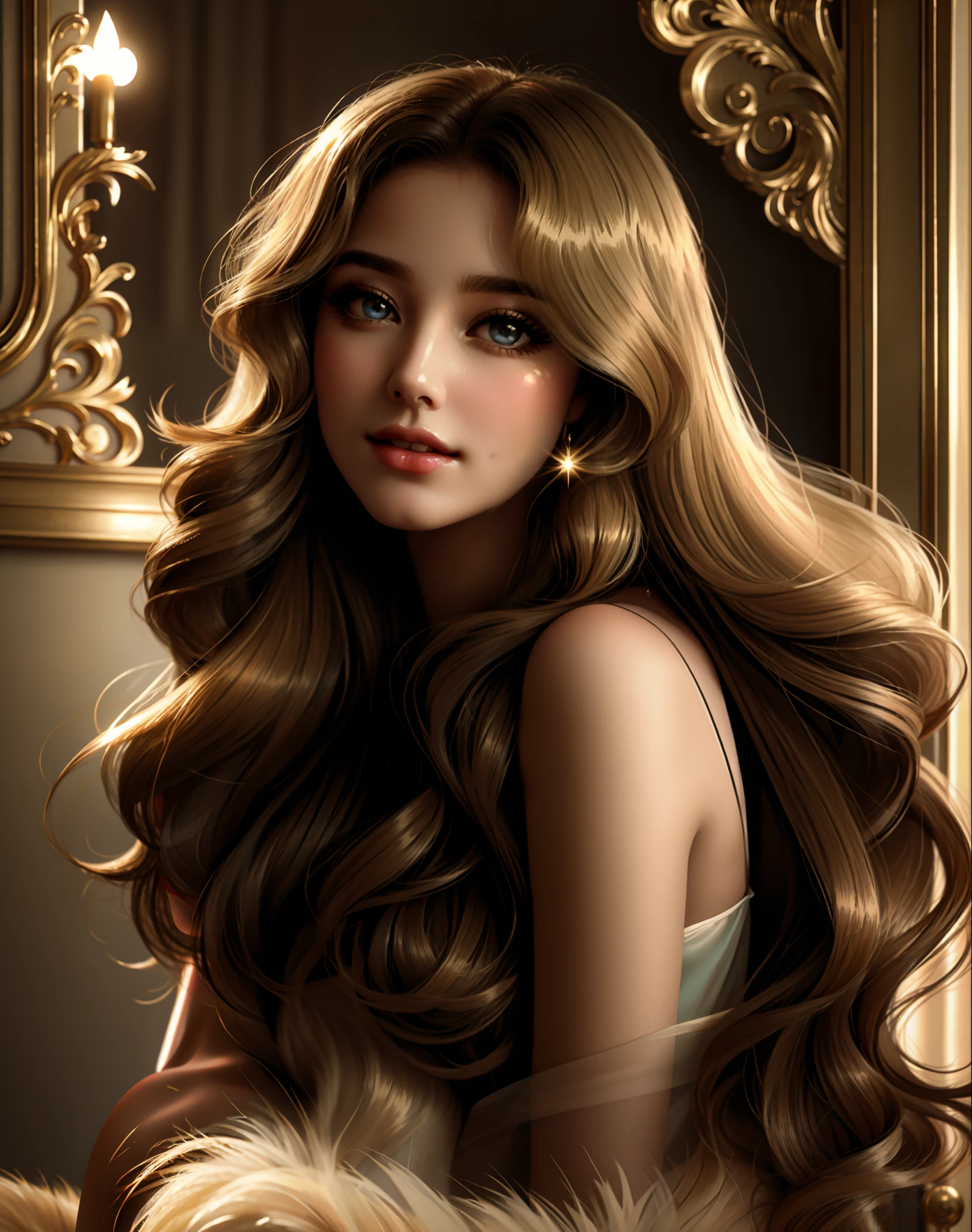 woman with long, luscious tresses, reminiscent of the glamorous stars from a bygone era. Her mesmerizing eyes hold the essence of classic Hollywood allure, and her captivating smile embodies the timeless charm of vintage beauty. She's gracefully posing for a photograph, embodying the elegance and sophistication of a golden age long past. It's a scene straight out of a vintage movie poster, evoking the nostalgia and allure of a bygone era.