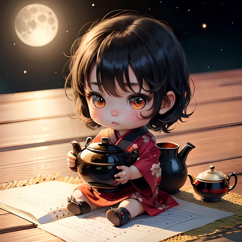 Cute  chibi anime, black and red kimono, sit in the teapot thank you note, moon