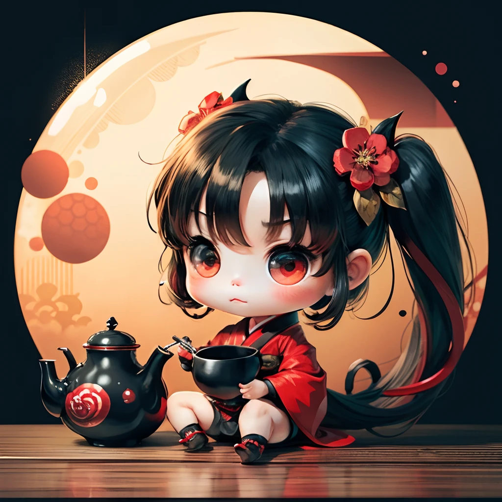 Cute chibi anime, black and red kimono, sit in the teapot thank you note, moon