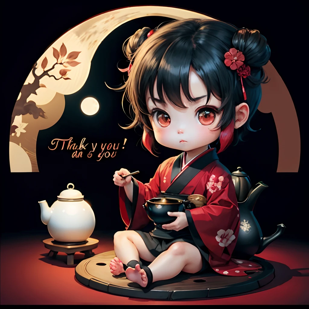 Cute chibi anime, black and red kimono, sit in the teapot thank you note, moon