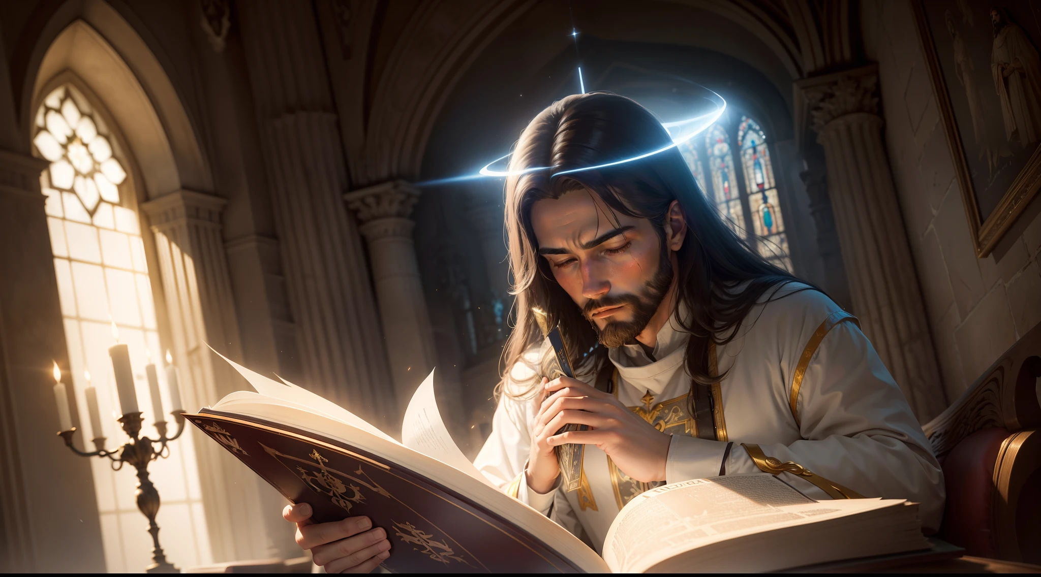 A painting of Jesus reading a book with a shining halo, bible illustration, holy fire spell art, O Senhor e Salvador, Jesus Cristo, imagens religiosas, sua mente contemplando a eternidade, holy flame spell, glowing halo above his head, beautiful depiction, imagens sagradas, arte conceitual de deus, Directed by: Aleksander Gierymski, artistic depiction, Raios de Luz Sagrada Sagrada