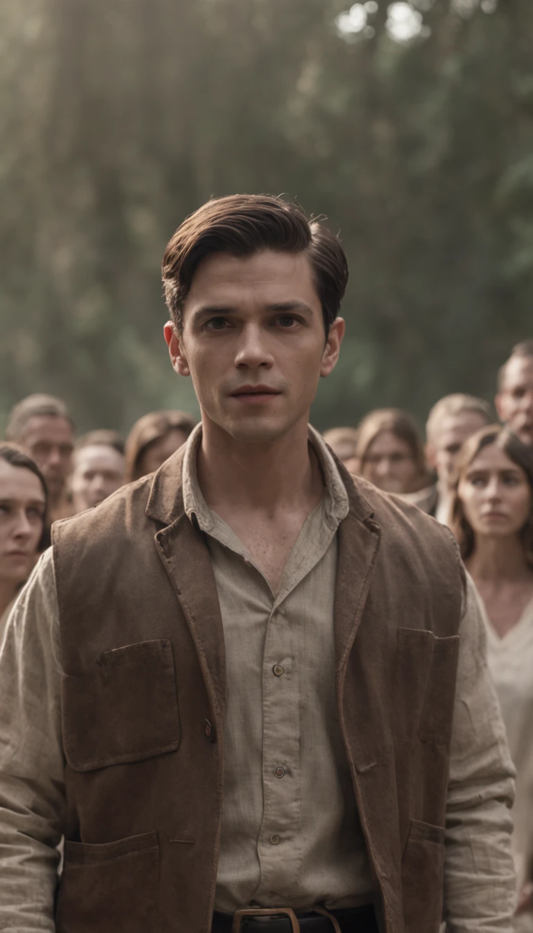 a man standing in front of a crowd of people, Afterlife, Depois da vida, anti vida, Arcane TV series style, Afinal de contas, depois de uma batalha, style arcane tv series, estilo de carbono alterado, resultado, after effects, filme live action, Alfred and the afterlife, A vida depois da peste, series on netflix, filme live action