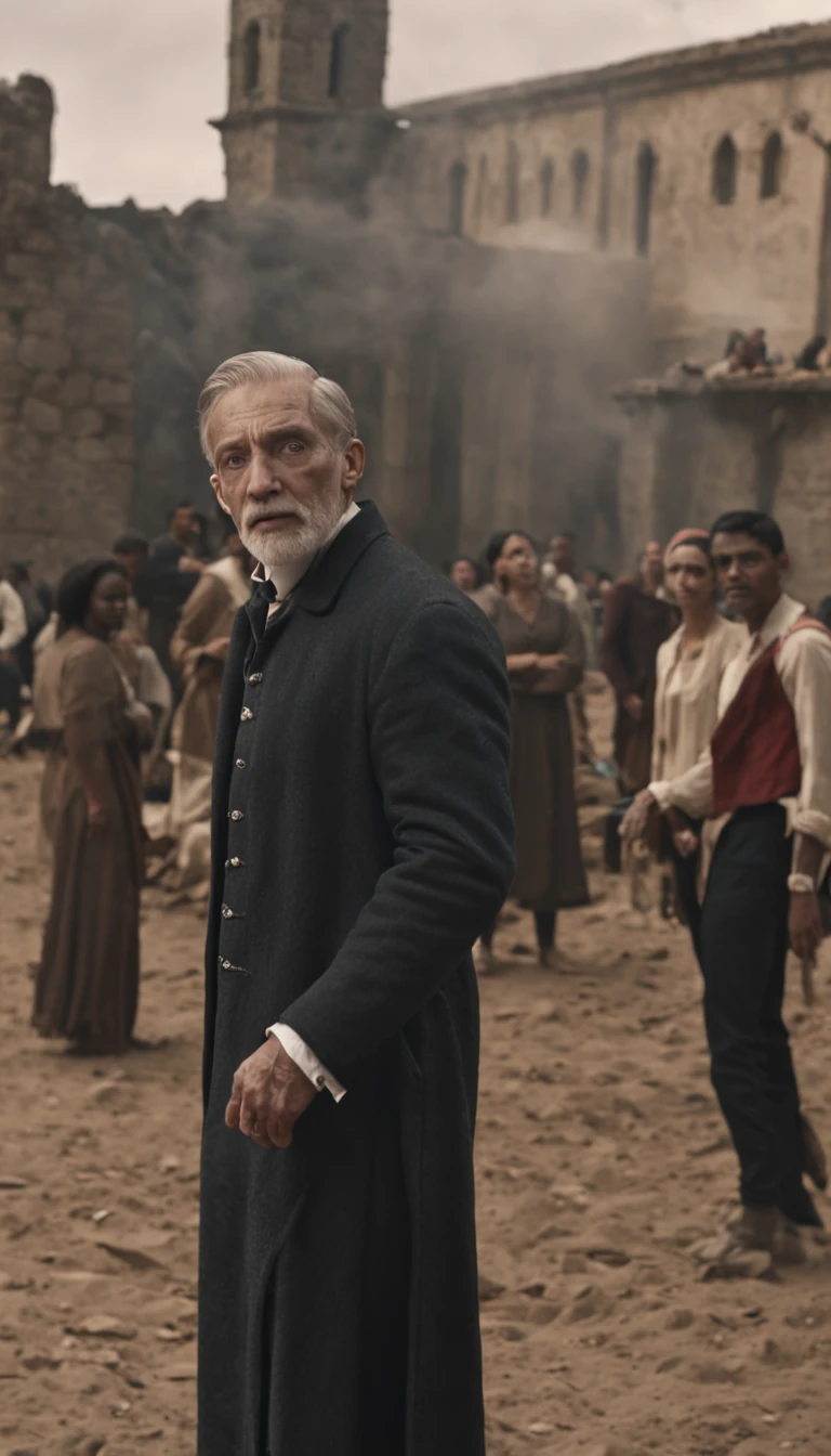 a man standing in front of a crowd of people, Afterlife, Depois da vida, anti vida, Arcane TV series style, Afinal de contas, depois de uma batalha, style arcane tv series, estilo de carbono alterado, resultado, after effects, filme live action, Alfred and the afterlife, A vida depois da peste, series on netflix, filme live action