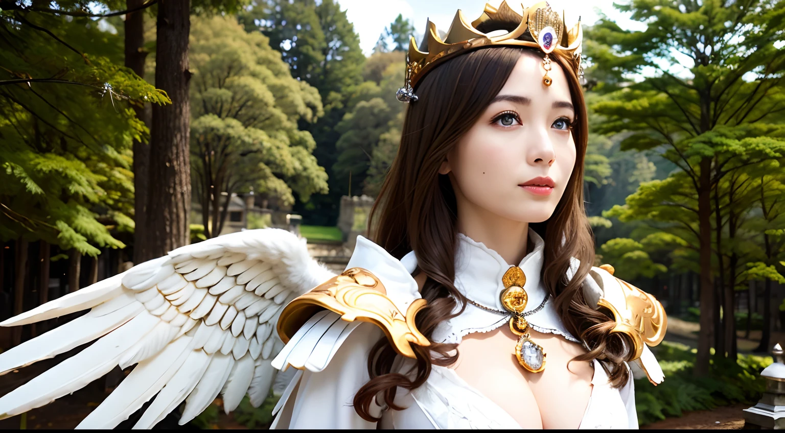 (masutepiece), Professional , masterpiece、top-quality、photos realistic , depth of fields 、(Wind element),tornado,Lightning,(Gemstone Silver Metal Body:1.9),(Matte White、(Gangle's forest background),(Brown hair long straight)、((Jewel Gold Weapon))、(Castle background),Gorgeous metal weapons,(Detailed and realistic angel white wings) , Detailed Sword of the Brave , Beautiful knife 、delicated face、20 years girl ,warhammer 40k , adepta sororitas,Detail and ornate jewel crown、a blond、()、Beautiful Caucasian beauty、1a person、dynamic ungle,(((Detailed and ornate diamond crown)))、Smaller head、A smile、Powerful poses、Beautiful thin fingers of a woman、cleavage of the breast、