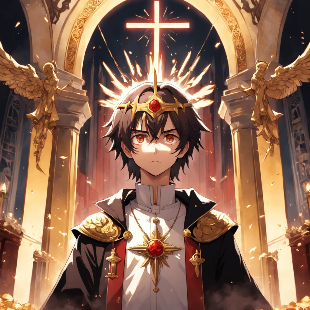 Anime style, um homem velho, of medium height, usando o anto e coroa do patriarca da igreja ortodoxa russa, behind him the shining altar with gold insignia.