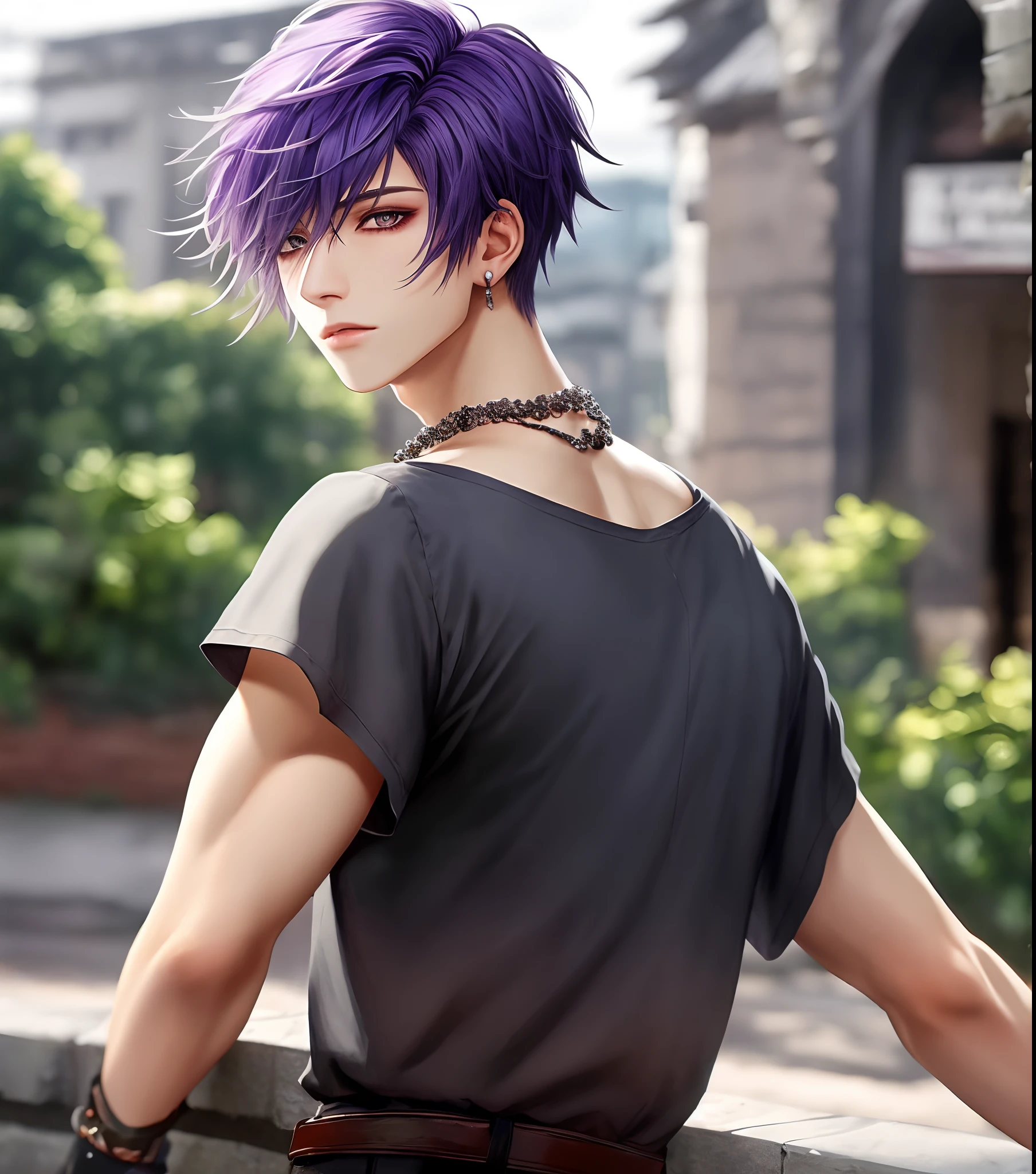 Englandtown, Professional Photos, shot from back, Photographed so that the whole body can be seen, shot from back, At Fed Man with Necklace, inspired by Sim Sa-jeong, androgynous vampire, :9 detailed face: 8, extra detailed face, detailed punk hair, ((Gray)) baggy eyes, Seductive. Highly detailed, semi realistic anime, Vampires, hyperrealistic teen, delicate androgynous prince, imvu, Bright purple hair, Gray eyes, Black Cool Korean Fashion, Hiding both eyes with bangs, I can't see both eyes with bangs, Long bangs, short hair above the ears, Glaring expression, Wild look, looking distantly, high-level image quality, masterpiece, ((1 male human))