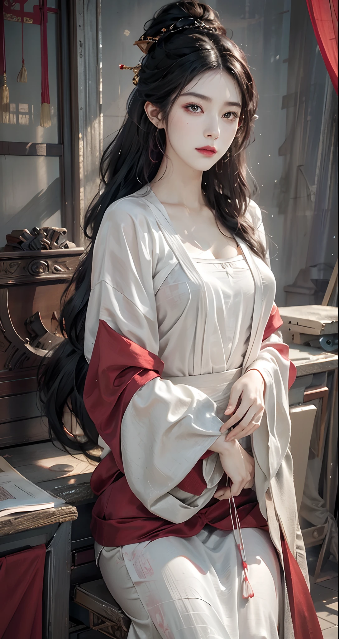 (1girl:1.4), solo,((:1)),(boobs naked:0.85),((Hibiscus:1)), (Glowing ambiance, enchanting radiance, luminous lighting, ethereal atmosphere, mesmerizing glow, evocative hues, captivating coloration, dramatic lighting, enchanting aura), (a woman sitting at a desk writing on a piece of paper, palace, (boobs naked:0.85),melanchonic soft light, wet dripping long hair, still from a live action movie, streaming on twitch, photorealistic faces, with a long red, connectedness, very very elegant, sadan vague, white facepaint), ink painting, ((moon:1)), (masterpiece, top quality, best quality, official art, beautiful and aesthetic:1.2), extreme detailed, (chinese style:1.2),(concretism:1.2),theater dance scene,(hypermaximalistic:1.5),colorful,highest detailed