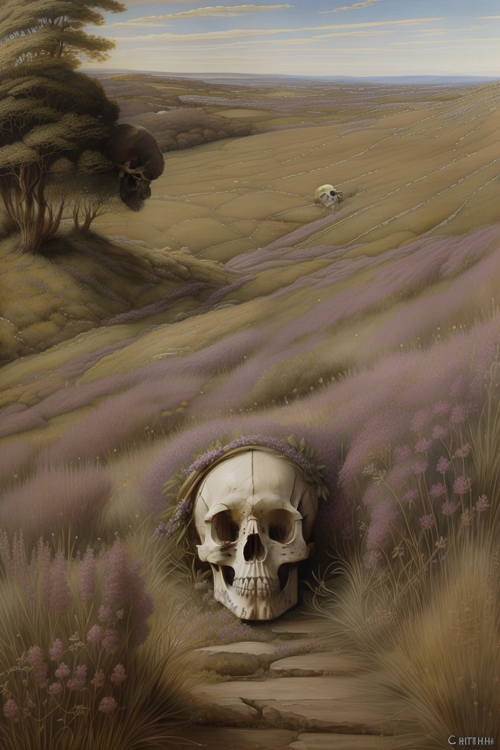 (((Pre-Raphaelite painting of an ancient skull covered in heather on a Celtic hill)))