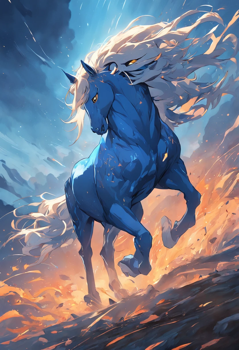 This is a surreal 32K Russia, Portrait of the mythical beast wild hors, Capture every pore and texture with delicate texture and form, A huge wild horse with golden stripe, Contrast with the surrounding landscape，（（Super massive）），blue color，In the background are the sky fiery mane, massive hooves, Unreal Engine5，Dreamy scenes，Shocking