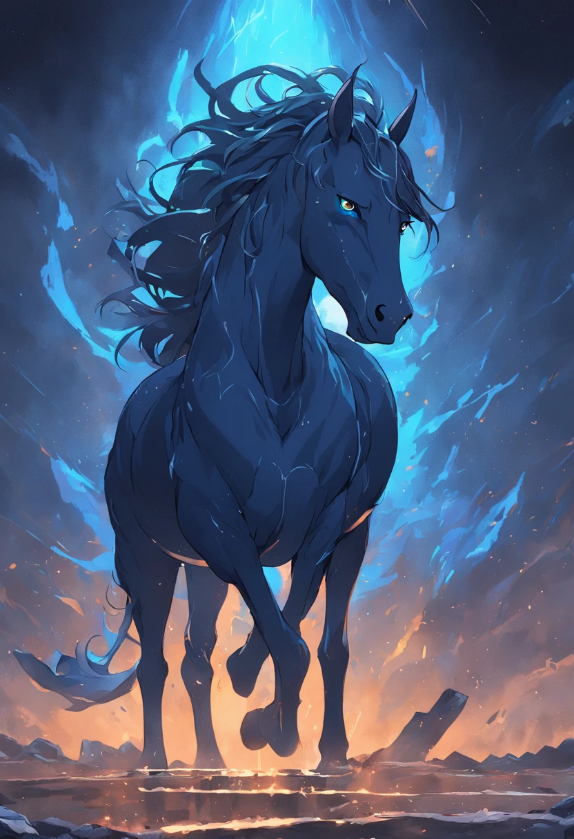 This is a surreal 32K Russia, Portrait of the mythical beast wild hors, Capture every pore and texture with delicate texture and form, A huge wild horse with golden stripe, Contrast with the surrounding landscape,((Super massive)),blue color,In the background are the sky fiery mane, massive hooves, Unreal Engine5,Dreamy scenes,Shocking