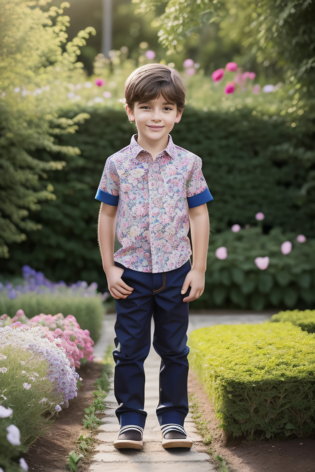 Little five-year-old boy in garden with flowers, daylight, Aesthetic whole body, ropa colores, obra maestra, mejor calidad, fotorrealista