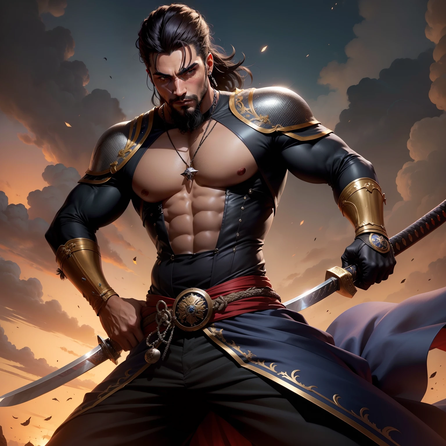 Personagem masculino, RPG, cabelo ondulado preto, mid hair, olhos azuis brilhantes, ladino, corpo forte definido, katana,   roupa preta e branca