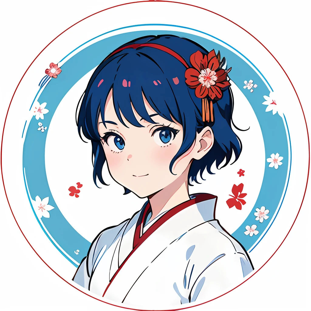ghibli style, Miyazaki Hayao, 1loli, aqua blue eyes, red hair, wearing beautiful sakura pattern kimono, roguish smirk, (all white background), in circle, (centered), looking at viewer, shirt, short hair, simple background, solo, upper body, cute , portrait, vector, logo