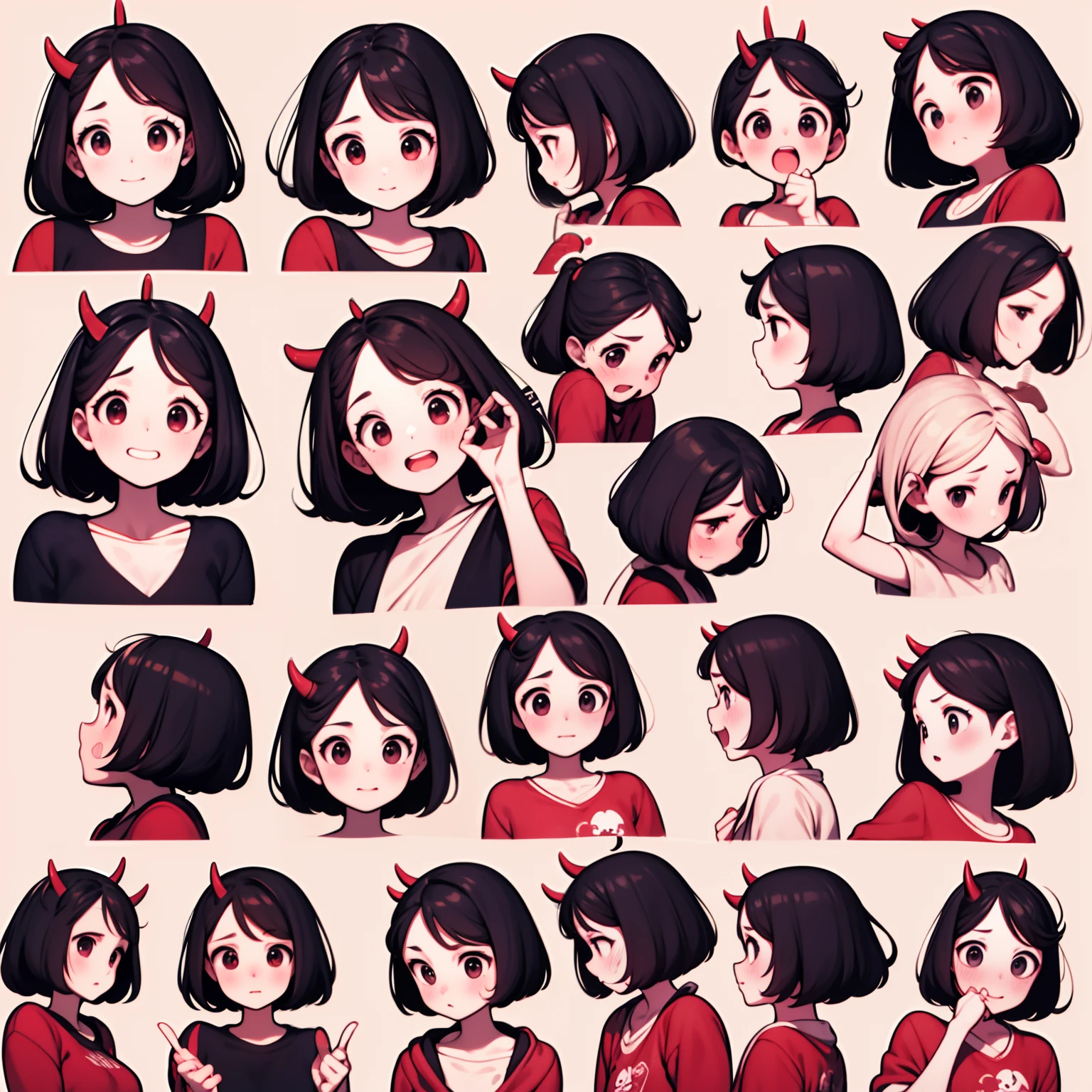 Cute little red devil，tiny horns，Emoji pack，9 emojis，emoji sheet of，Align arrangement，multiple postures and expressions（grieves，astonishment，having fun，exhilarated，big laughter，Touch your head，Sell moe, wait），Anthropomorphic style，Disney style，Black strokes，Different emotions，multiple postures and expressions，8K