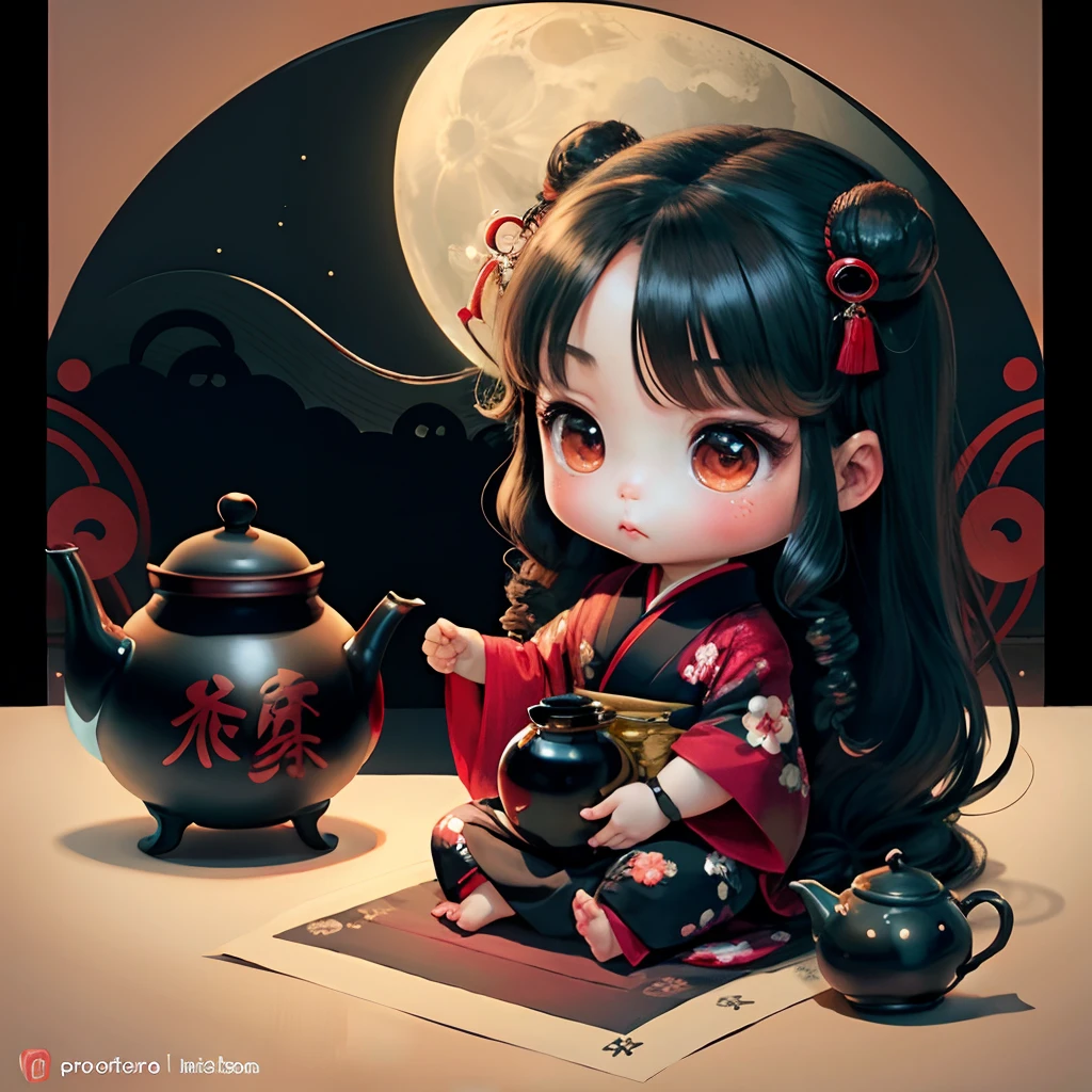 Cute baby chibi anime, black and red kimono, sit in the teapot thank you note, moon, long black hair