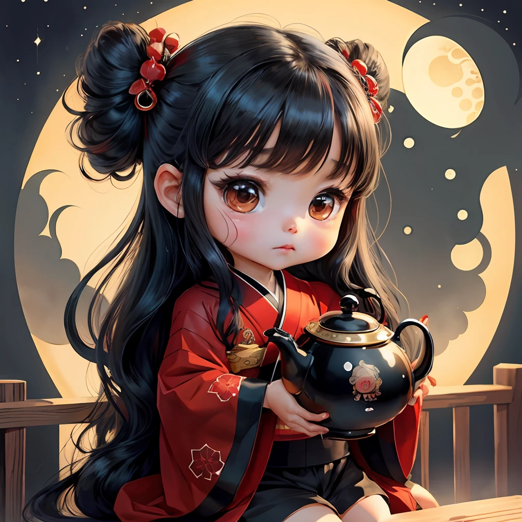 Cute baby chibi anime, black and red kimono, sit in the teapot thank you note, moon, long black hair