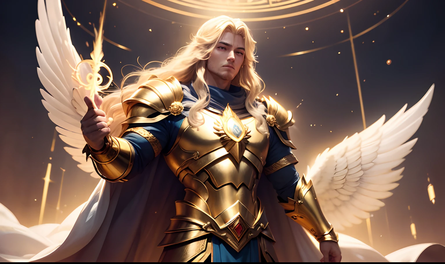 A God of light, justice and wisdom, who wears golden armor, with a blonde mane that flutters in the air, has an ethereal aura and his figure transmits peace and power