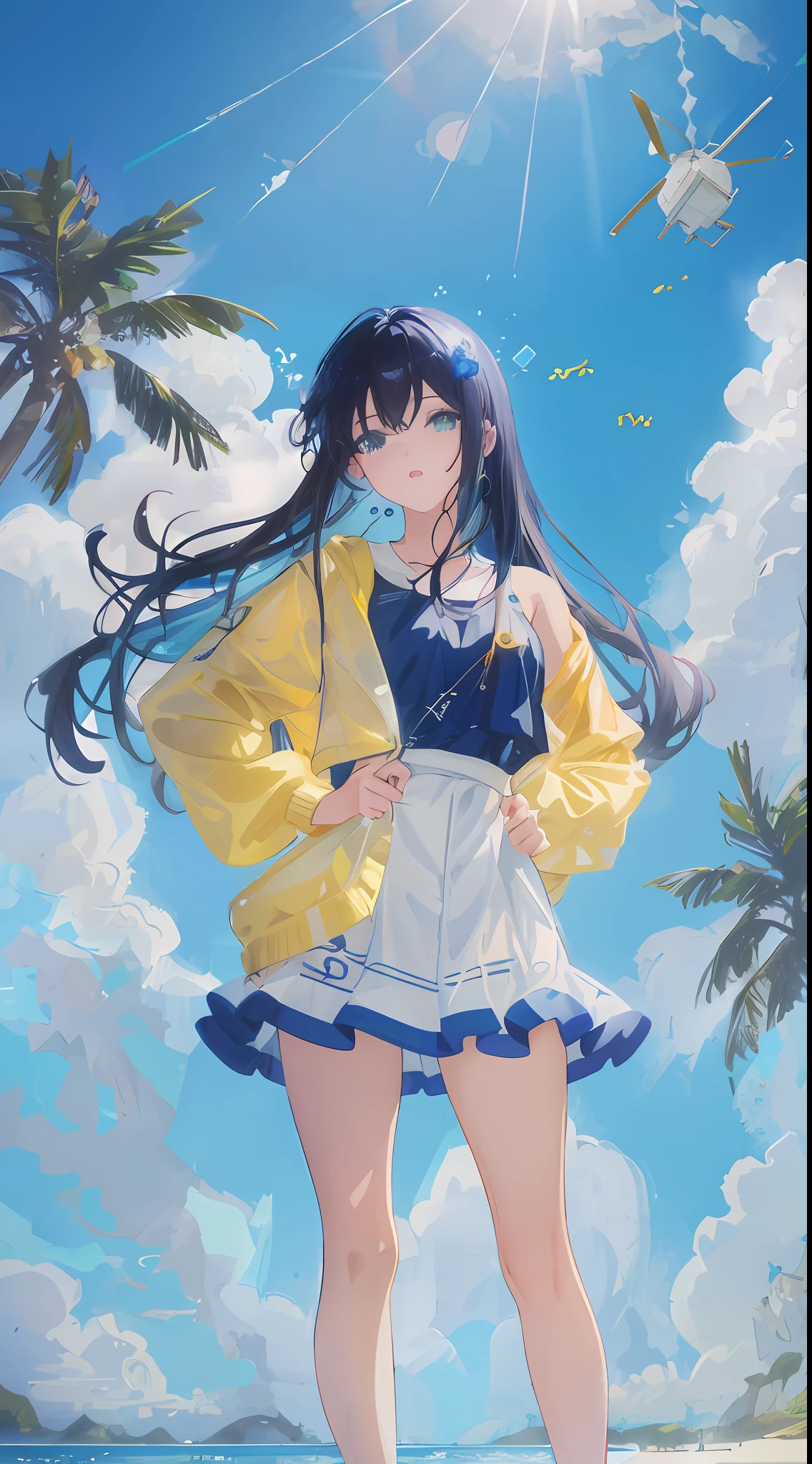 Anime girl in yellow jacket and blue dress standing on the beach, style of anime4 K, Beautiful anime girl, Anime style. 8K, anime moe art style, Anime art wallpaper 4 K, Anime art wallpaper 4k, Anime art wallpaper 8 K, Smooth anime CG art, Guviz-style artwork, pretty anime girl, Beautiful anime, Anime girl