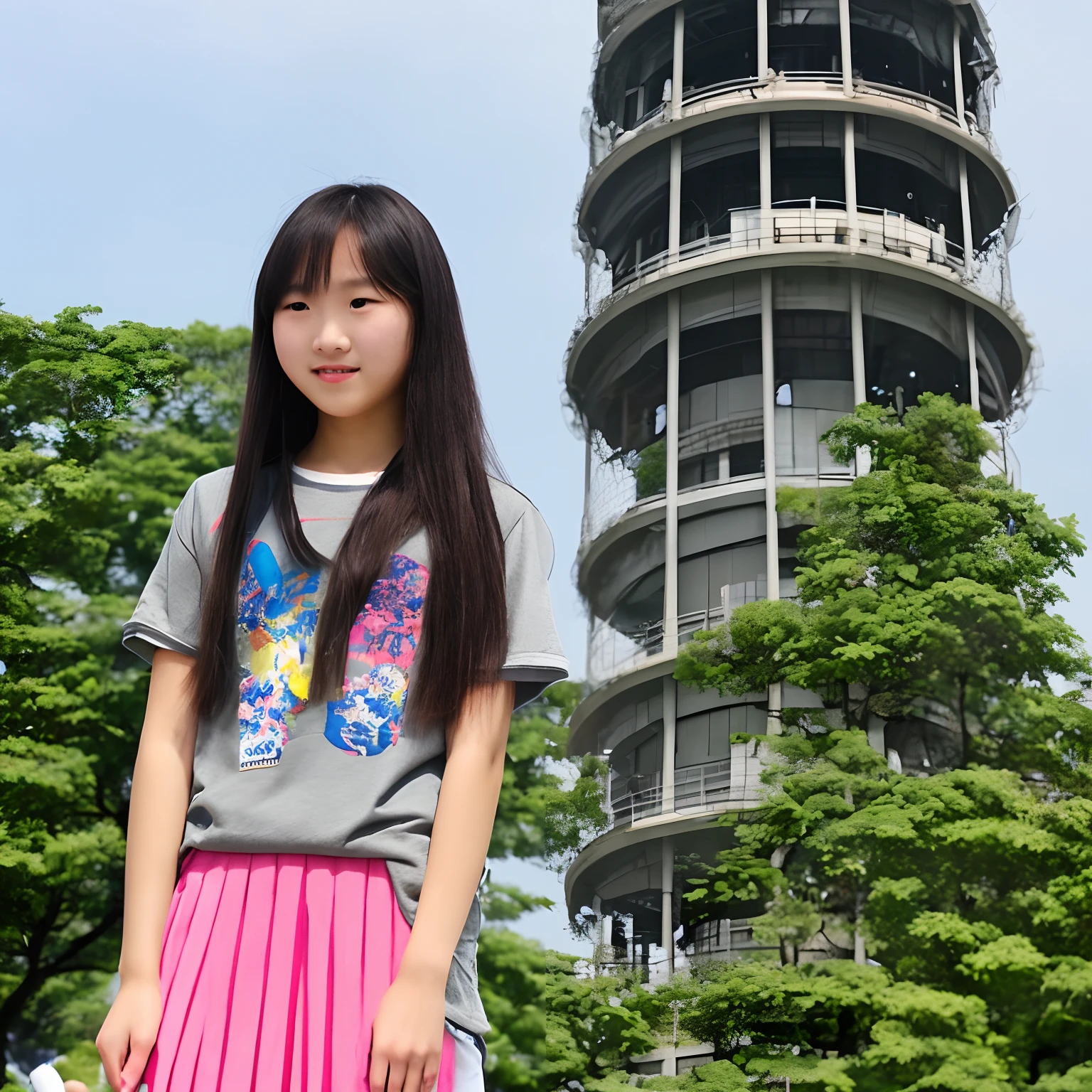 A beautiful gray-haired female high school student wears JK,Eyes dropped, Standing alone at the top of the tower,Barefoot,Bring your legs together,arms stretched wide