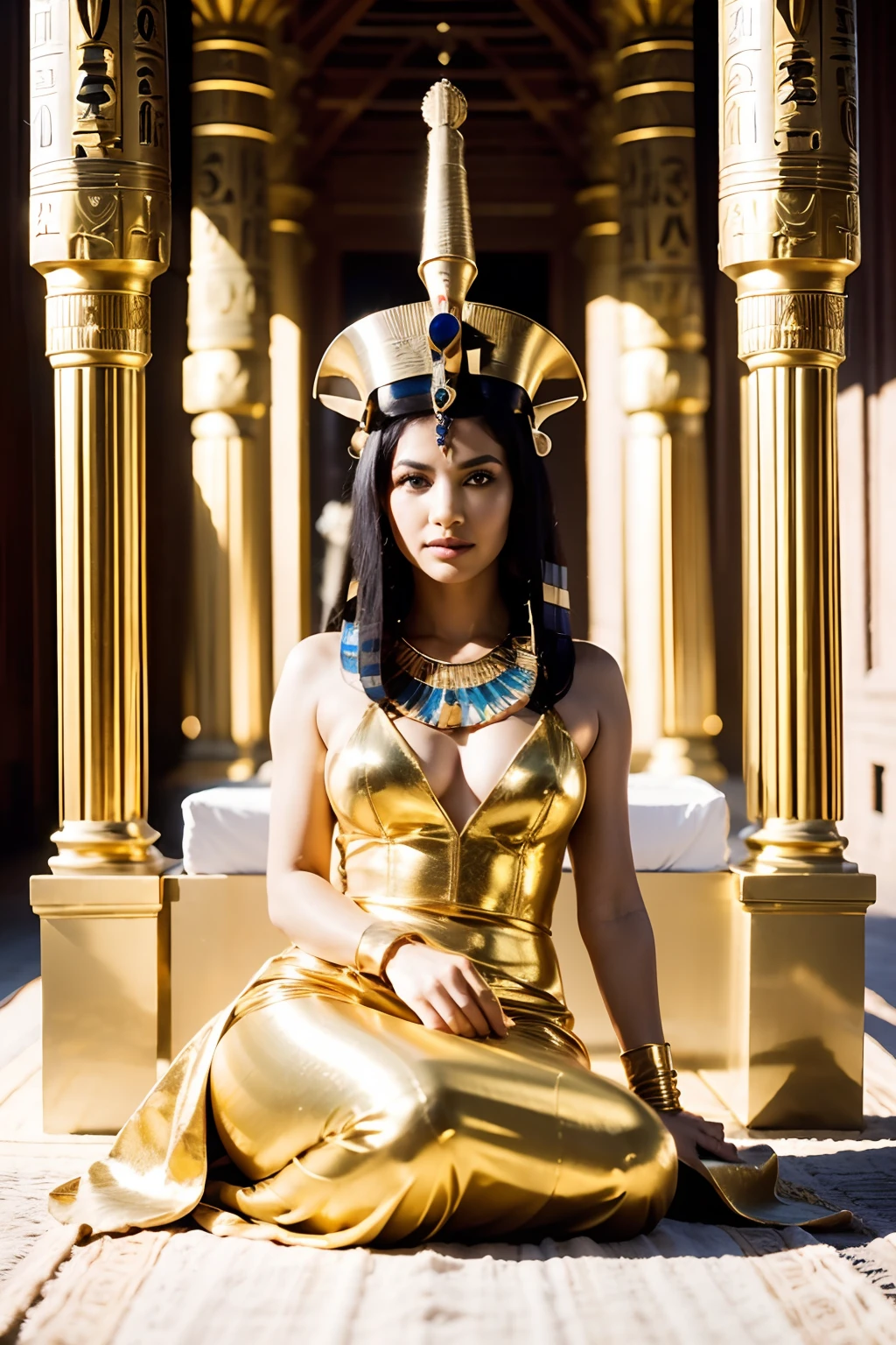 cleopatra, egyptian queen, resting on a cushion, golden dress, glowing dress, egyptian palace, golden ornaments, look of pride, lower point of view