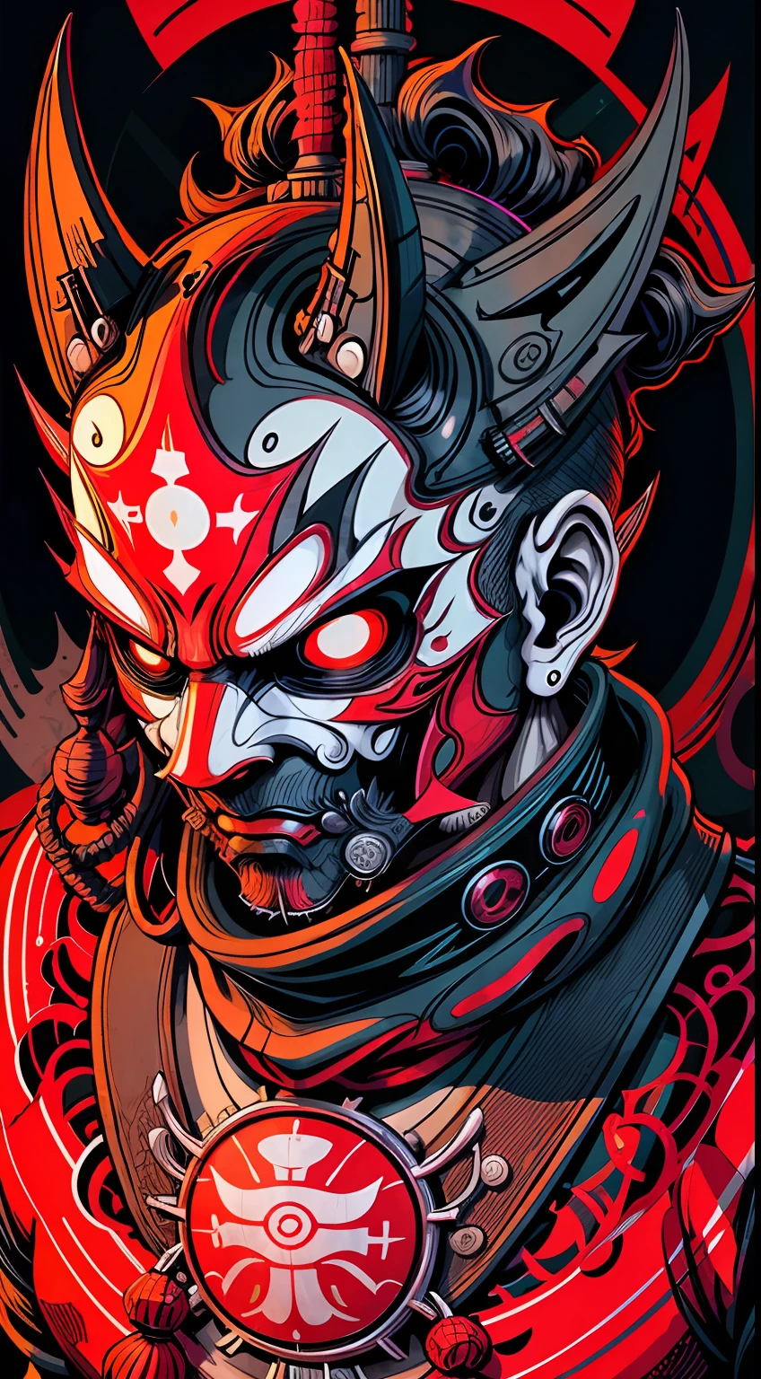 Portrait mask, illustrator, masterpiece, high quality, 8k, high resolution, high detail, japan, (Prawaka: 1.2), horror, evil, smile, front, close-up, looking at the viewer, her eyes are fiery, dark shadow background, glowing neon red at night