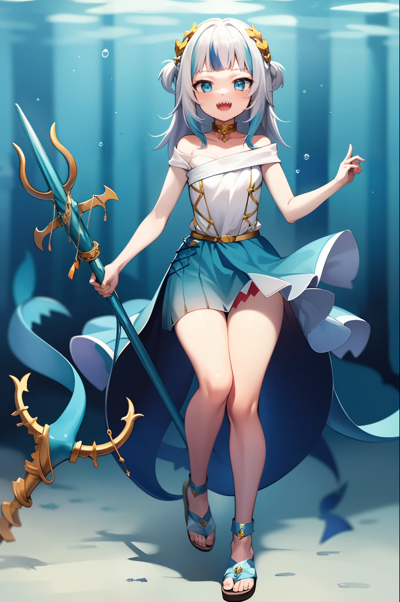 2d, masterpiece, best quality, anime, highly detailed, full body, 1girl, solo, gura_atlantis, gradient dress, laurel crown, sandals, :d, sharp teeth, trident, shark tail, underwater city