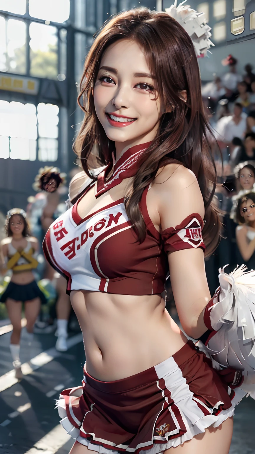 8K raw photos、Beautuful Women:2.0、24 year old、jpn、Cute Baby Turtle、nedium breasts、((cheer girl:1.5))、a miniskirt、beautiful eyes finely detailed、Eye lashes、((Brown eyes:1.2))、beautiful double eyelid、eyeshadows、Perfect eye makeup、((A smile:1.6))、Beautiful and thin legs、(Maroon hair)、Medium Hair、fluffy hair、stadio、Daytime、Latina、Photorealsitic:1.9、Sexy navel、Skinny Legs、tthin eyebrows、Tear bag、lofty nose、((extemely sexy))