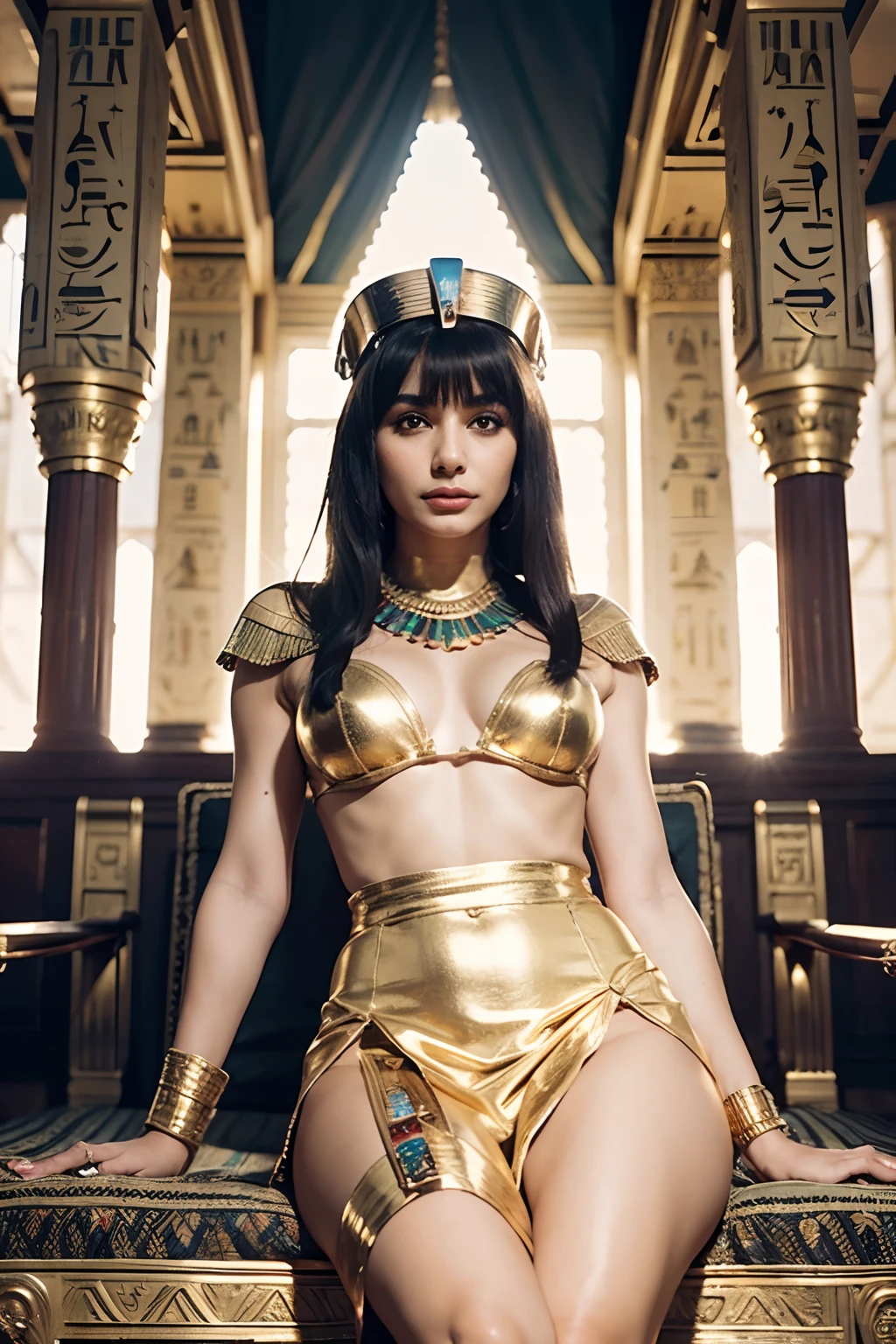 cleopatra, egyptian queen, resting on a cushion, golden dress, glowing dress, egyptian palace, golden ornaments, look of pride, lower point of view, lens flares,