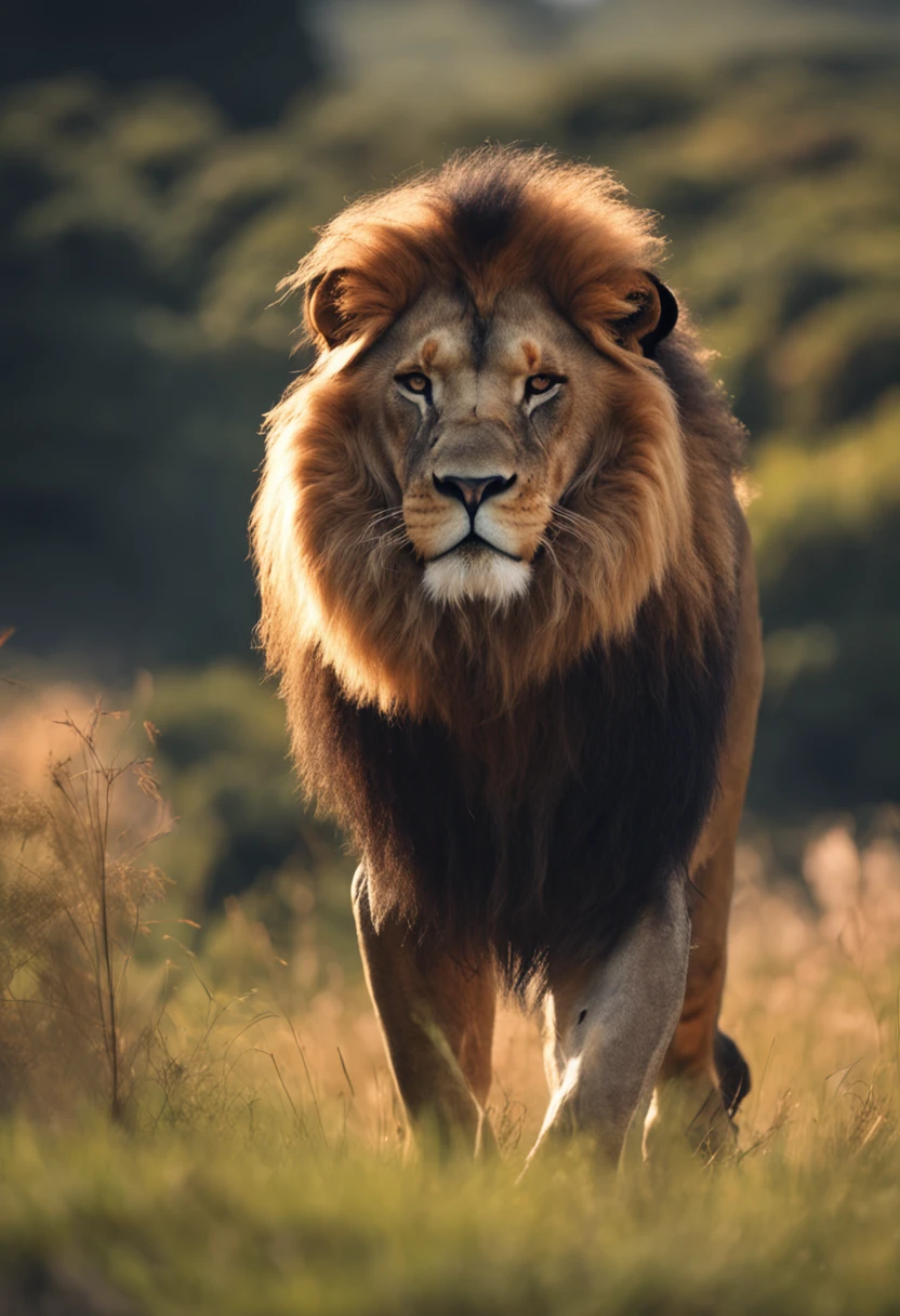 there is a lion walking in the grass with a rock in the background, a picture by derek zabrocki, unsplash, digital art, king of the jungle, with the mane of a lion, prideful look, doing a hot majestic pose, aslan the lion, half lion, 2 d full body lion, proud look, digital art animal photo, lion mane