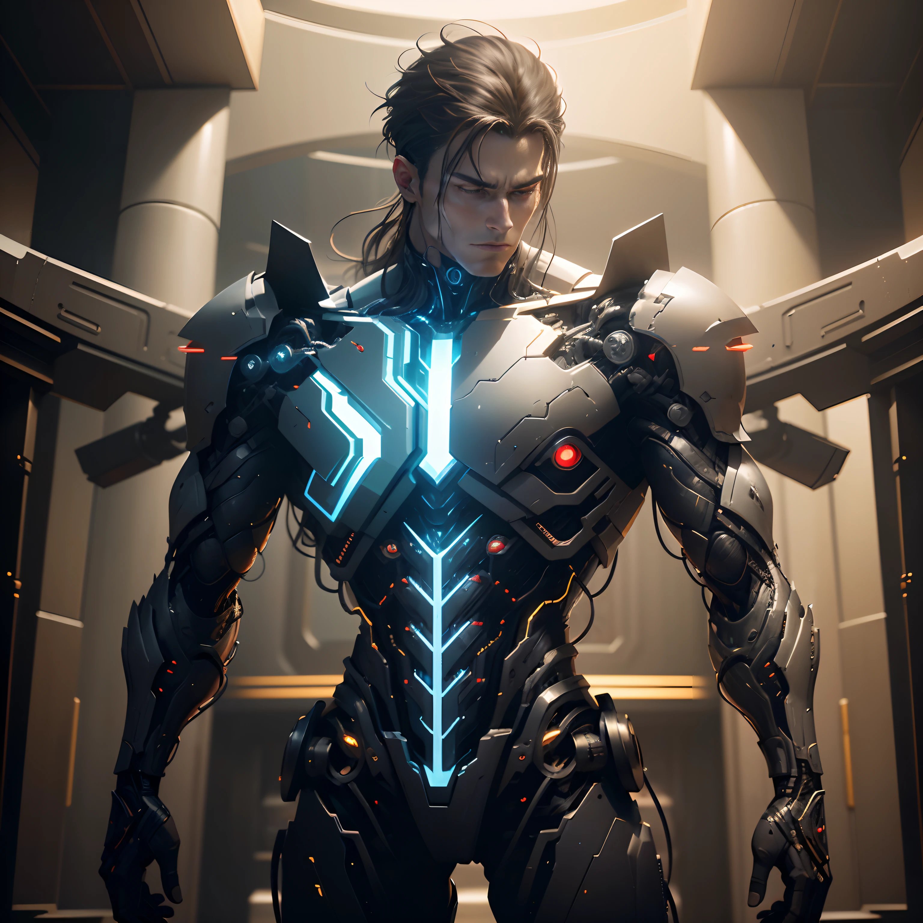 A powerful cyborg superhero stands tall in a heroic pose, arms crossed, with a serious cyborg face and glowing robotic eyes. Half of his body is cybernetic machinery, with detailed metallic limbs, wires, circuits, and hydraulics visible. The other half is human, muscular physique. He wears dark metallic armor with red accents flowing into the cybernetics. Dramatic backlighting creates a rim light effect on the edges of his armor. Detailed sci-fi city background. Volumetric lighting effects and haze, cinematic depth of field. Octane render, extremely detailed, photorealistic, 8K resolution. --auto