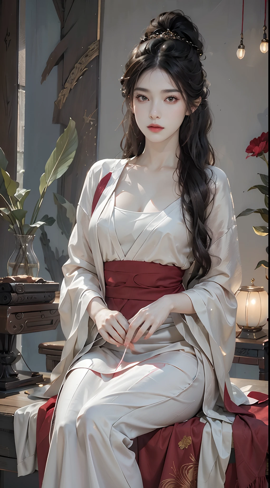 Araffe woman in a white and red dress sitting on a table - SeaArt AI
