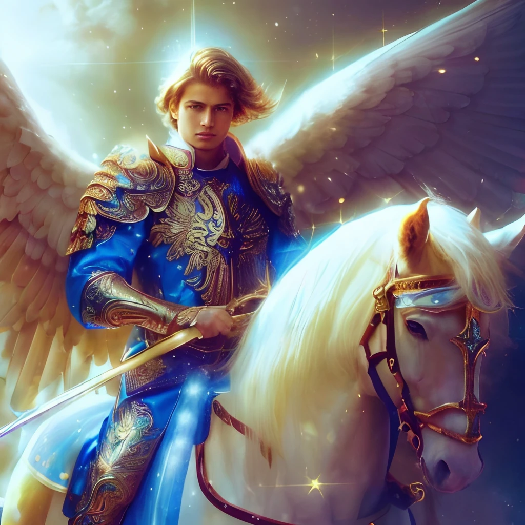 (((Male saint Michael the Archangel on a horse. 19 years old))) ((( Con una cara seria y piadosa. Con una mirada dulce y tierna))) (obra maestra, calidad superior, mejor calidad, arte oficial, beautiful and aesthetic: 1.2), (1girl), extremadamente detallado, (Arte fractal: 1.3), colorido, highest detailed, Cara perfecta, parte superior del cuerpo, HDR, (orando: 1.3), (golden lines of white coat: 1.2), galaxia, (rayas de luz), eye-catching visuals, (dynamic stripes, senderos luminosos: 1.2), colores vibrantes,